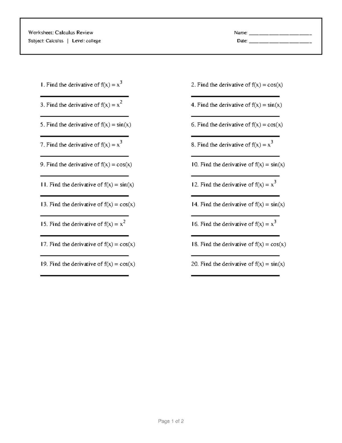 Calculus Worksheet: Derivatives Review (Calc 101) - Studocu