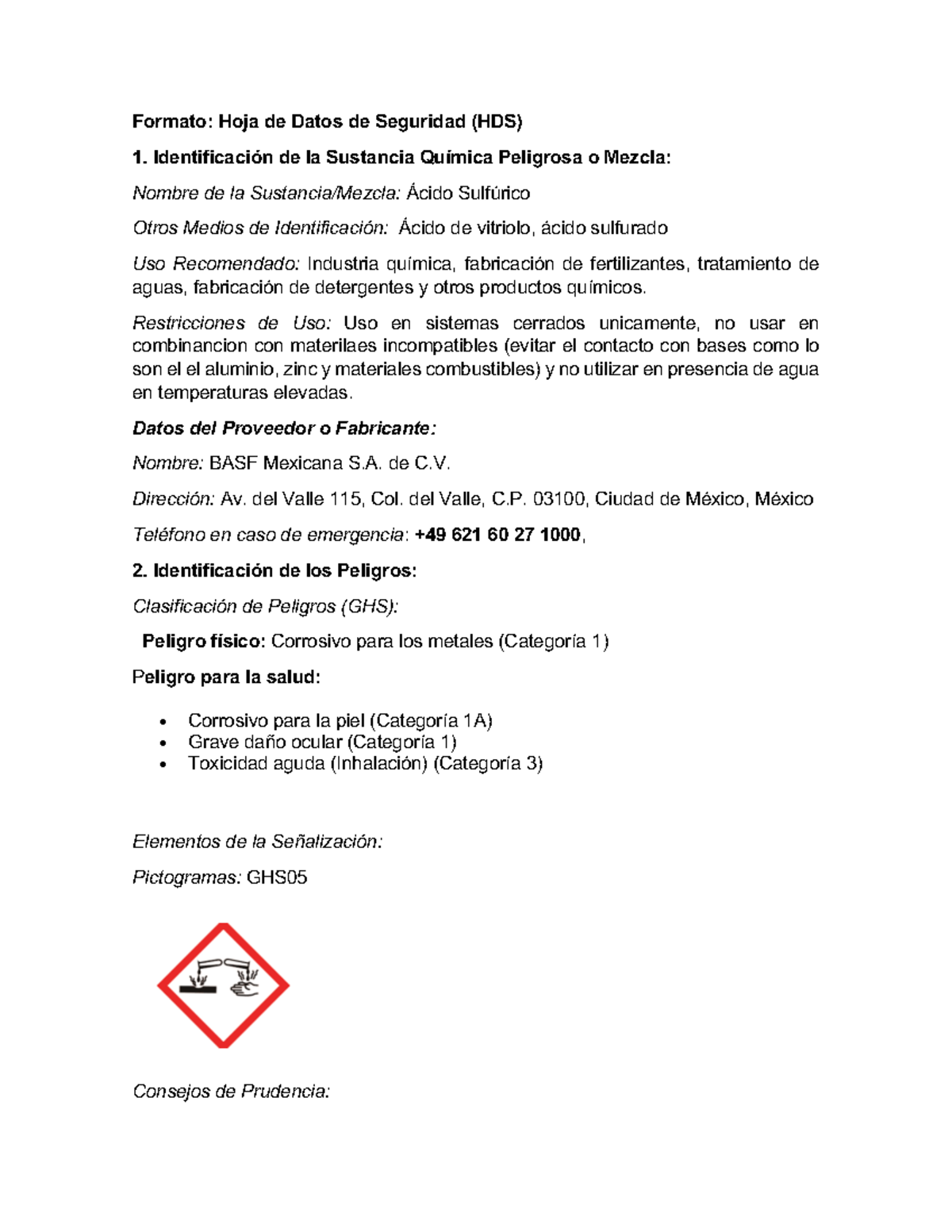 HDS HOJA DE SEGURIDAD DE REACTIVO QUIMICO USADO EN INDUSTRIA