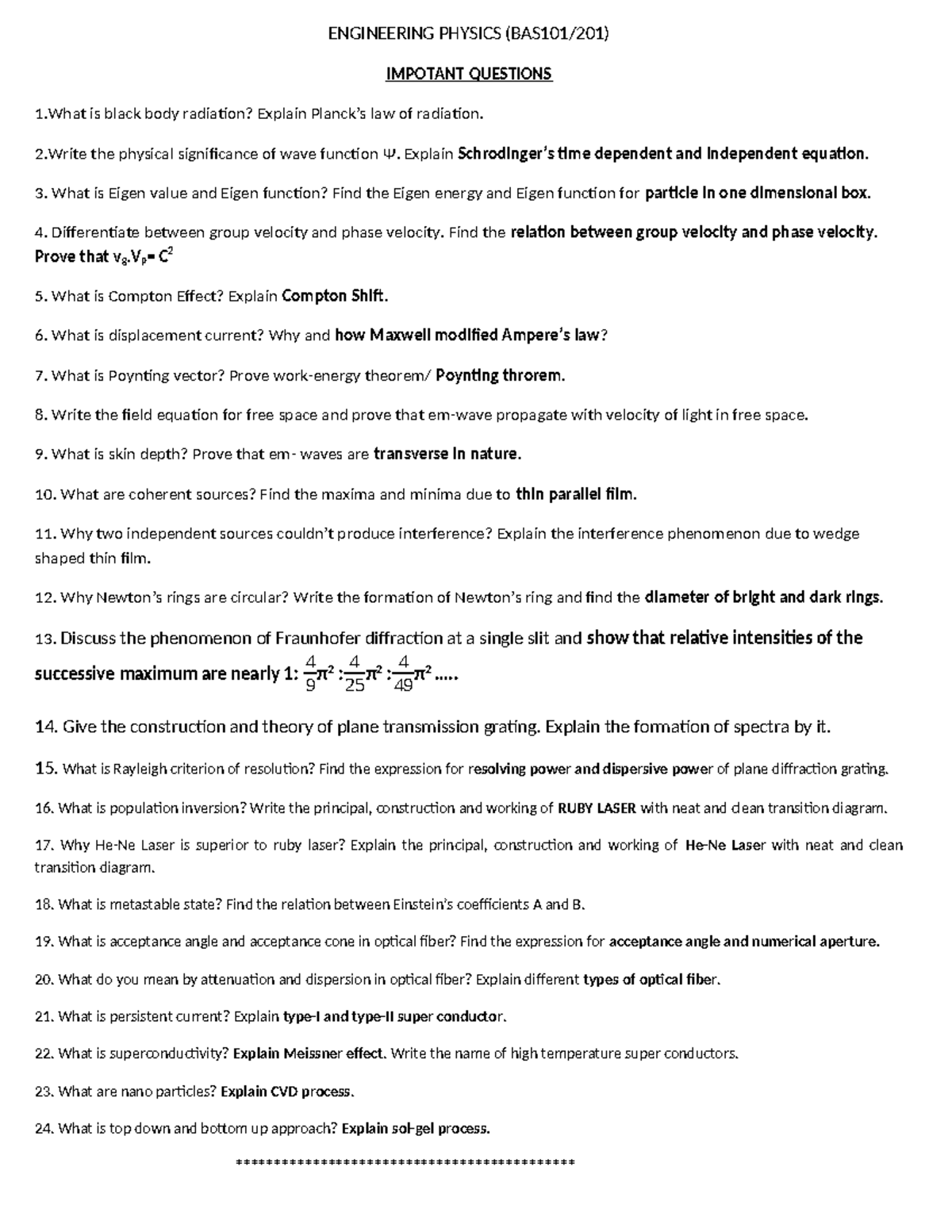 Important Questions for BAS101-201: Engineering Physics Exam Prep - Studocu