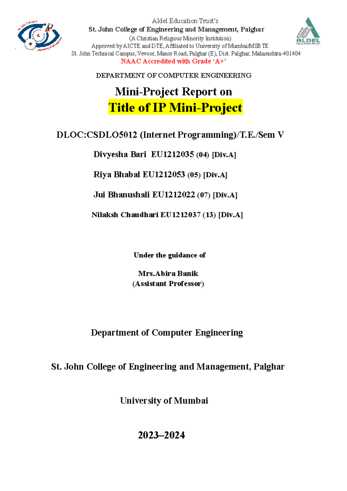 Mini Project Report on IP DLOC:CSDLO5012 - Internet Programming - Studocu