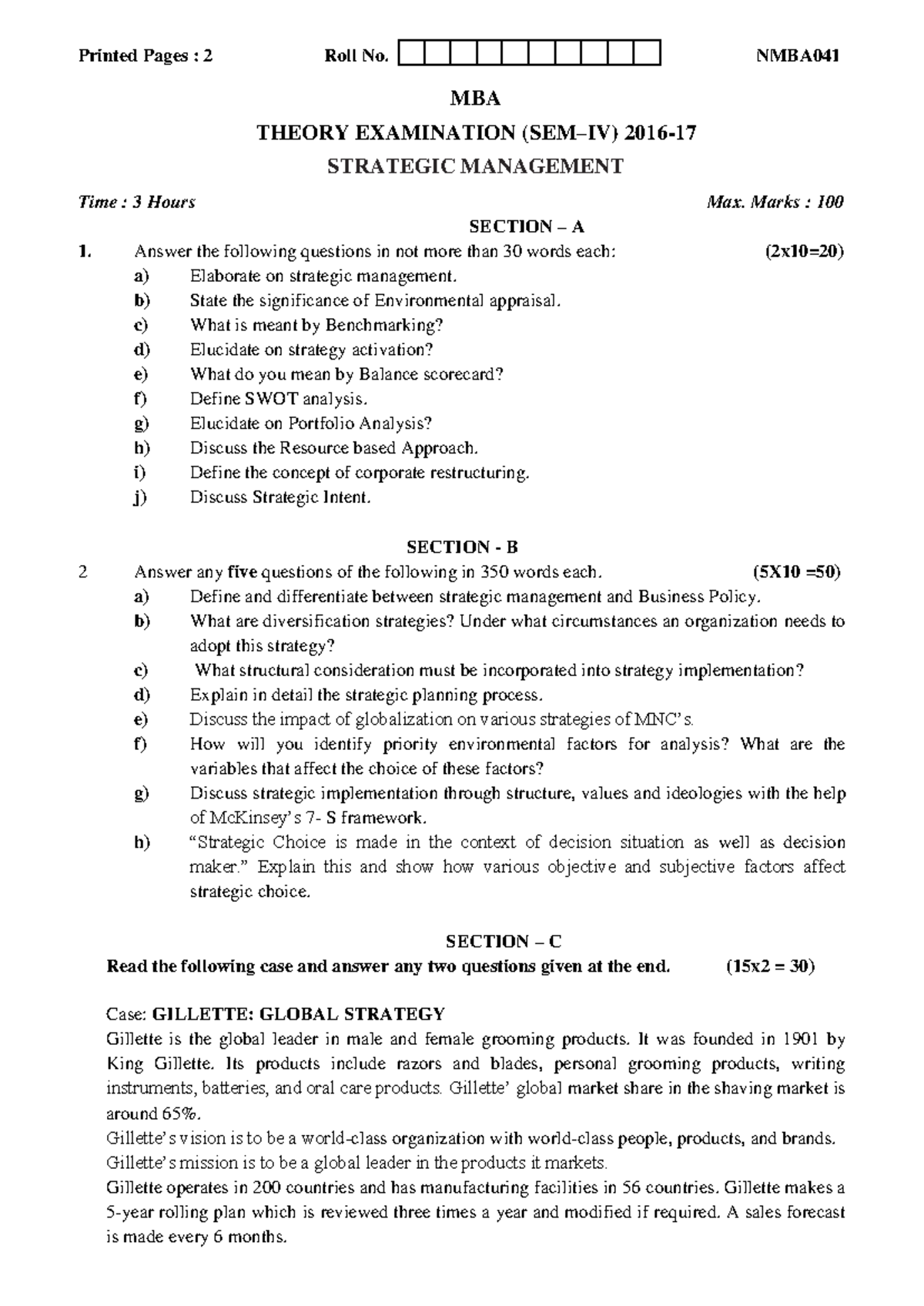 Mba 3 sem strategic management nmba041 2017 - Printed Pages : 2 Roll No ...