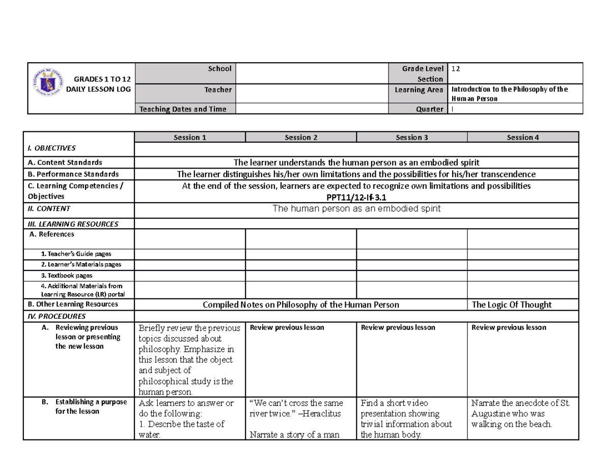 Embodied Spirit 1 - INFORMATIVE - GRADES 1 TO 12 DAILY LESSON LOG ...