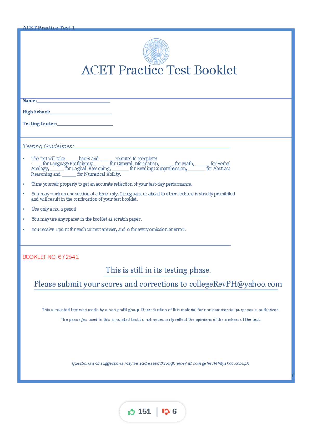 Inbound 3203754488616787880 - % 1 % % ACET Practice Test Booklet - Studocu