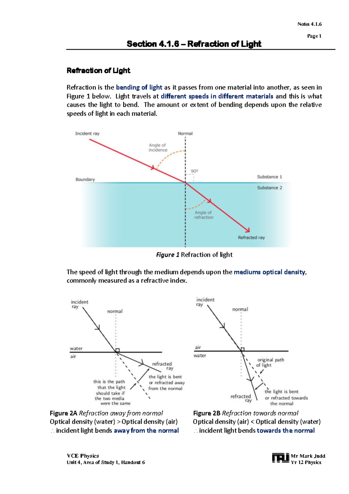 VCE Physics Unit 4: Refraction of Light Notes (4.1.6) - Studocu