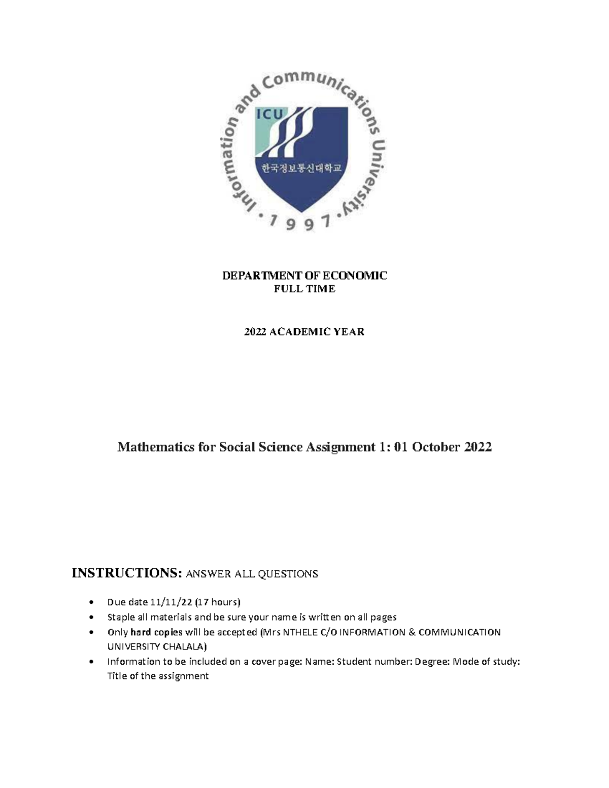 Mathematics for Social Science - Assignment 1 (2022) - Studocu