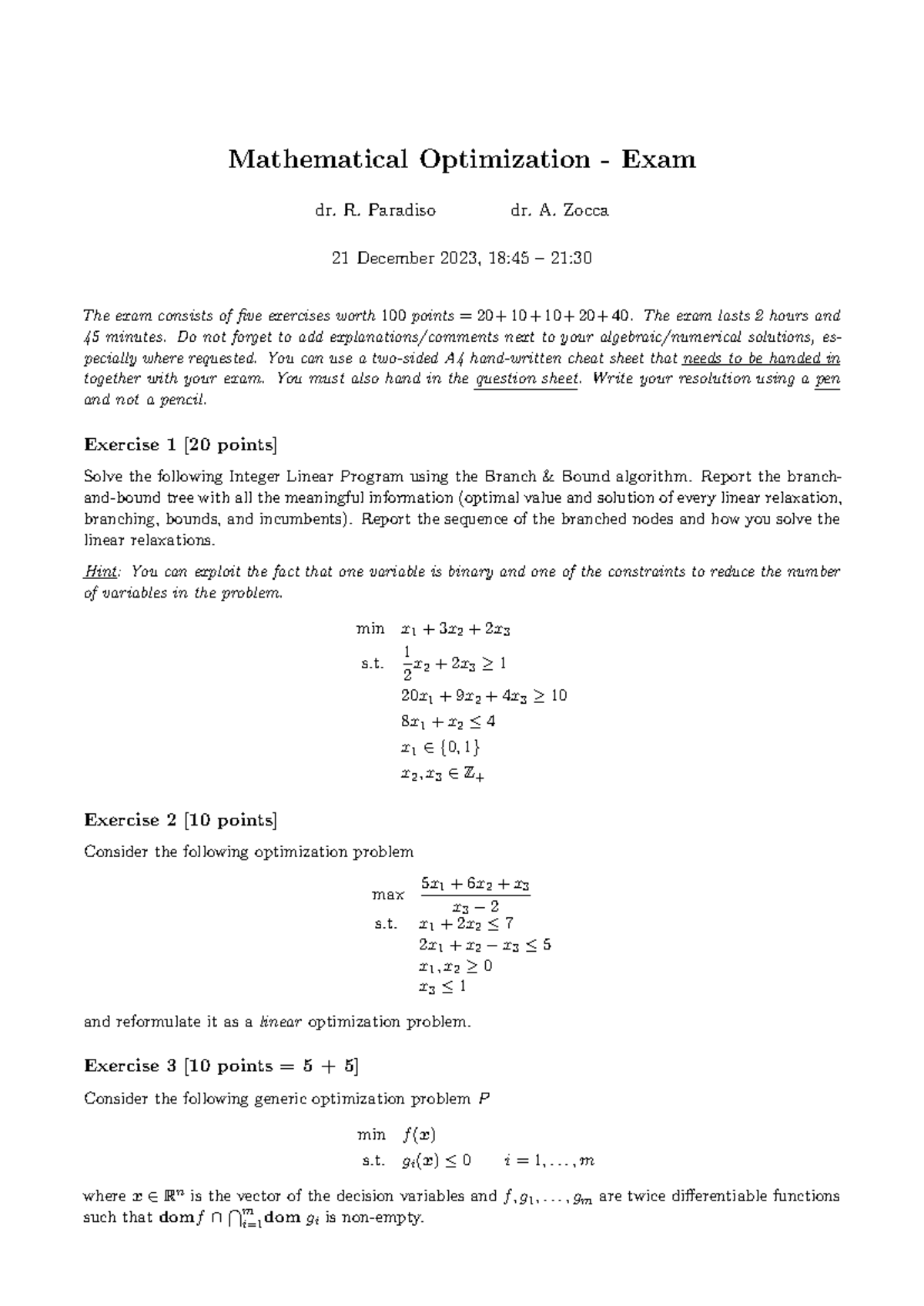 Mathematical Optimization Exam (Final) - Dec 21, 2023 - Studeersnel