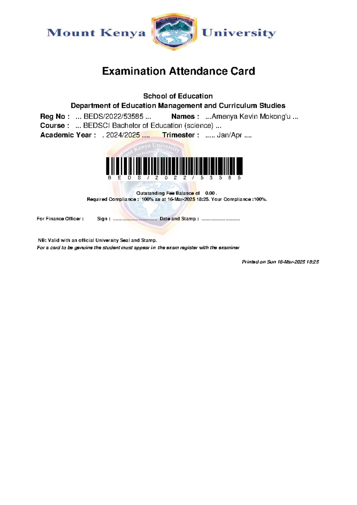 Exam Card BEDS 2022 53585 2025Mar16 - Examination Attendance Card ...