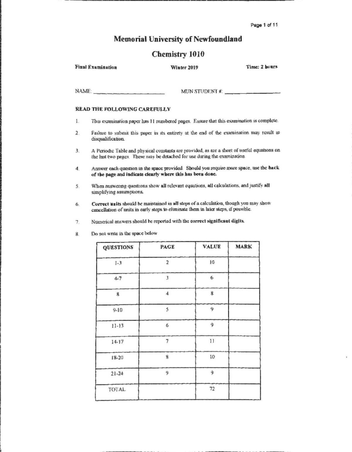 Final Exam Chem 1010 Winter 2019 (Anwer Key) - Chem 1010 - Studocu