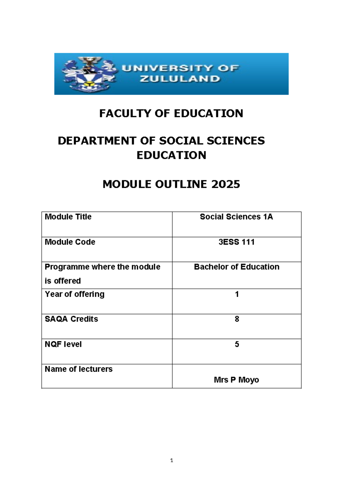 2025 3ESS111 Module Outline - FACULTY OF EDUCATION DEPARTMENT OF SOCIAL ...
