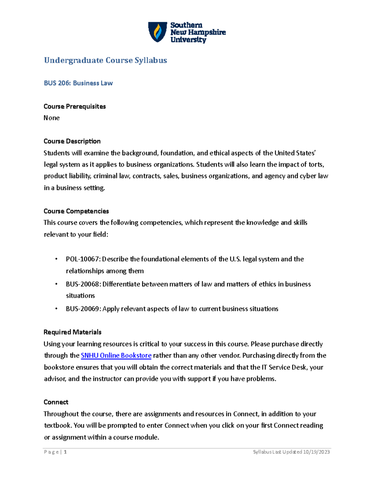 BUS 206 Course Syllabus: Foundations of Business Law and Ethics - Studocu