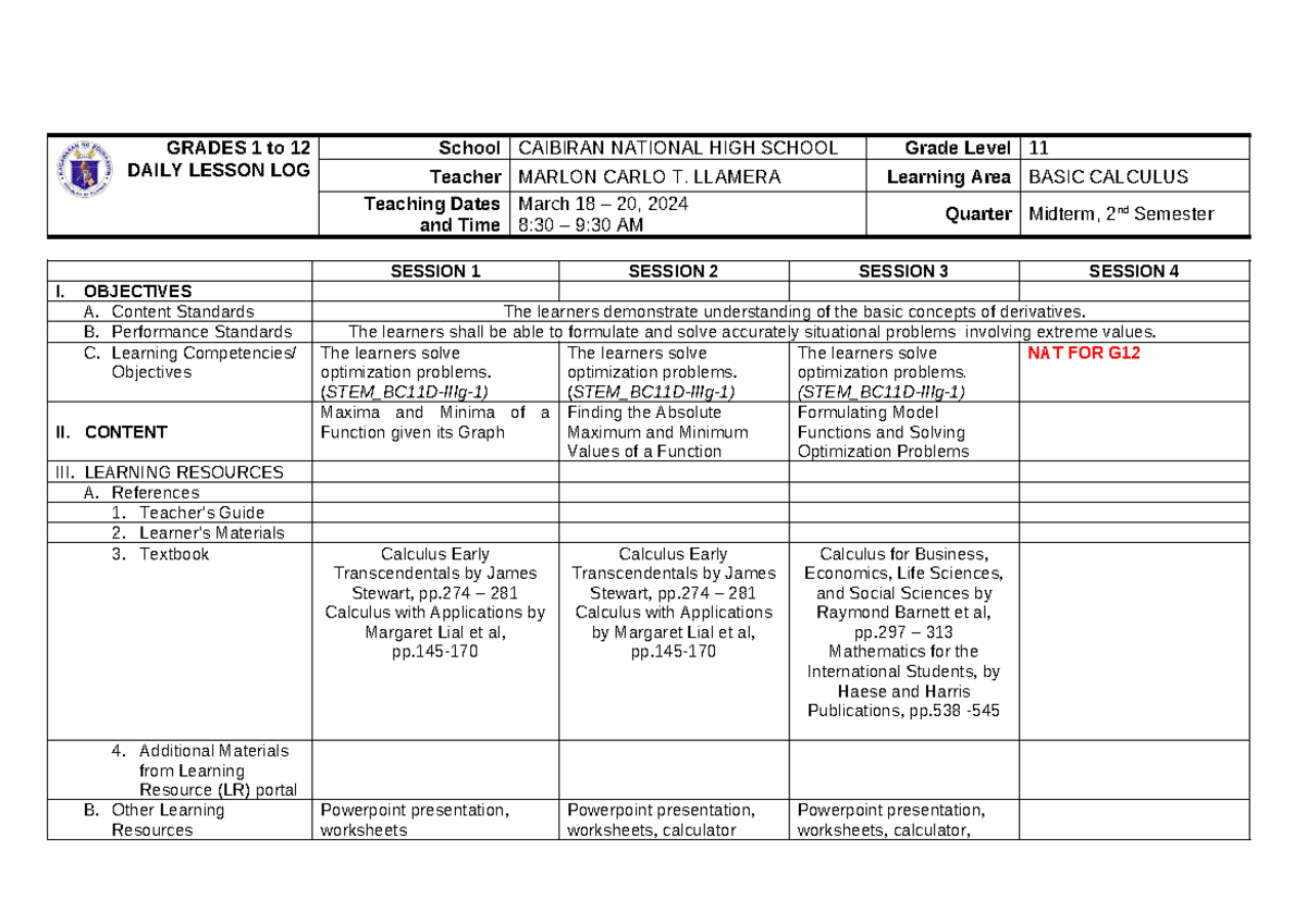 Grade 11 Basic Calculus Daily Lesson Log (DLL) for Midterm 2 - Studocu