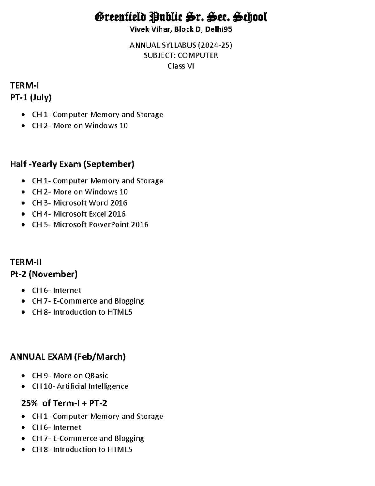 Class VI Computer Annual Syllabus (2024-25) Overview - Studocu