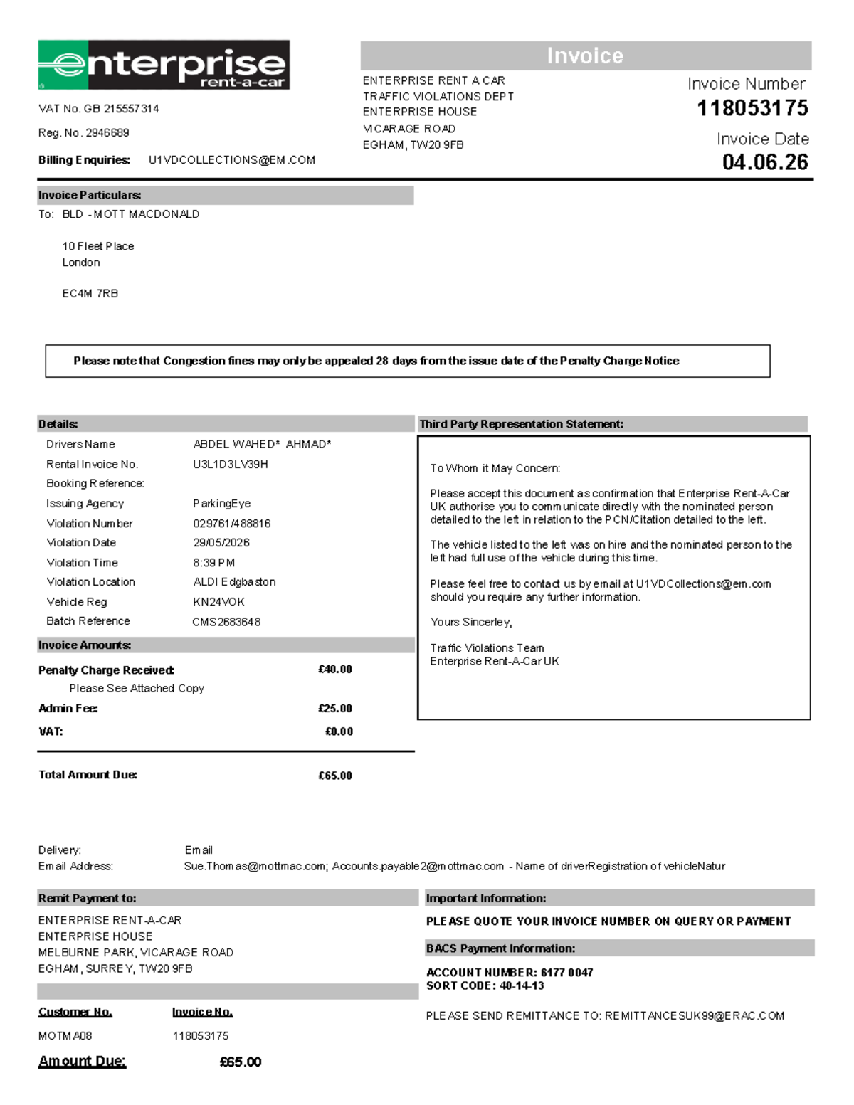 Invoice Details for Traffic Violations - Enterprise Rent A Car - Studocu
