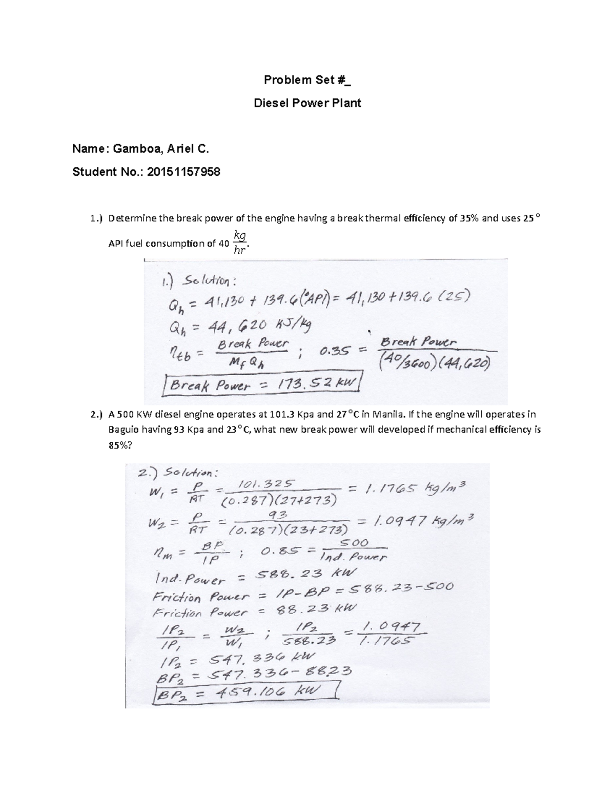 Diesel Power Plant Problem Set (ENGR 202) - Comprehensive Questions ...