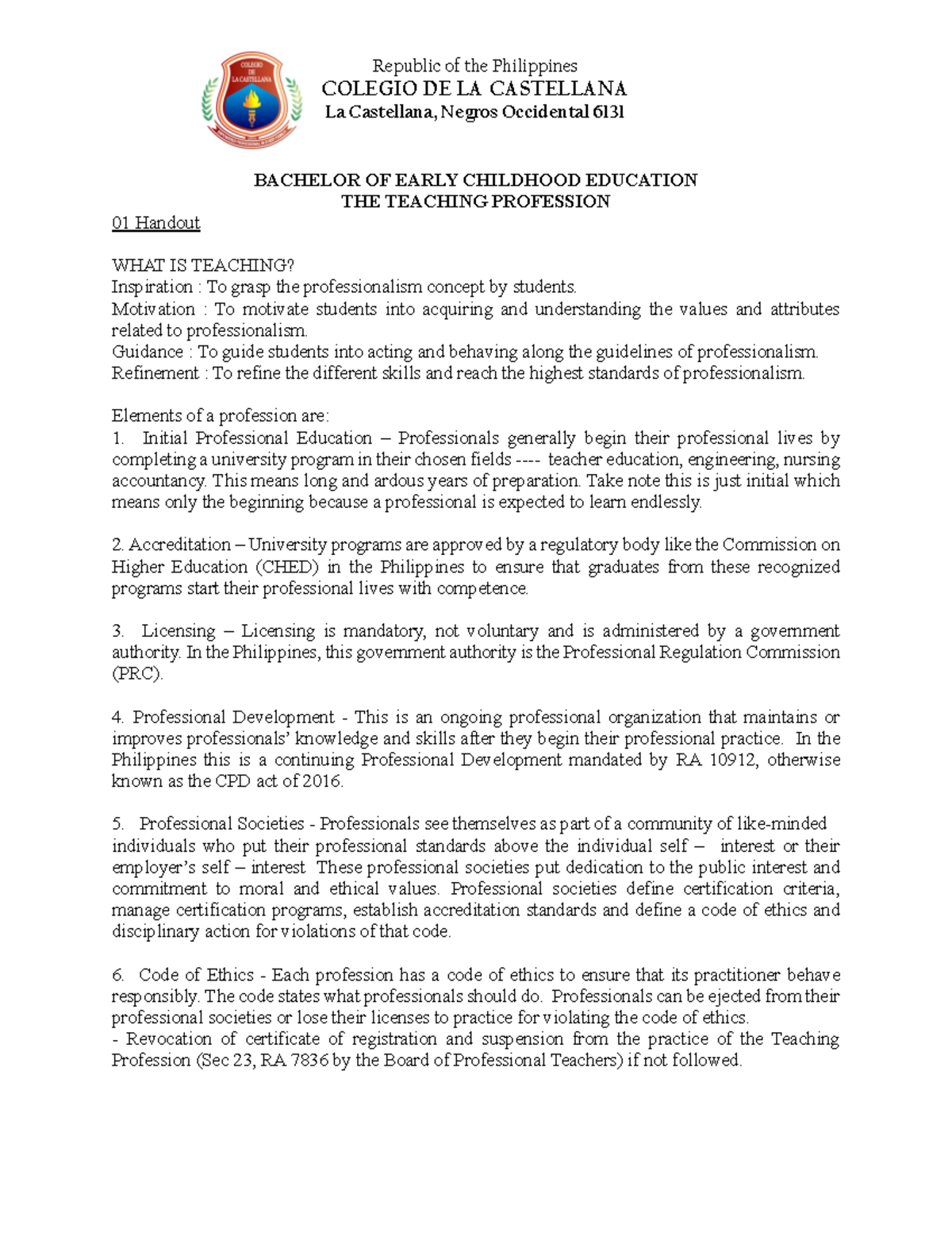 TECP 01 Handout: Understanding the Essentials of the Teaching ...