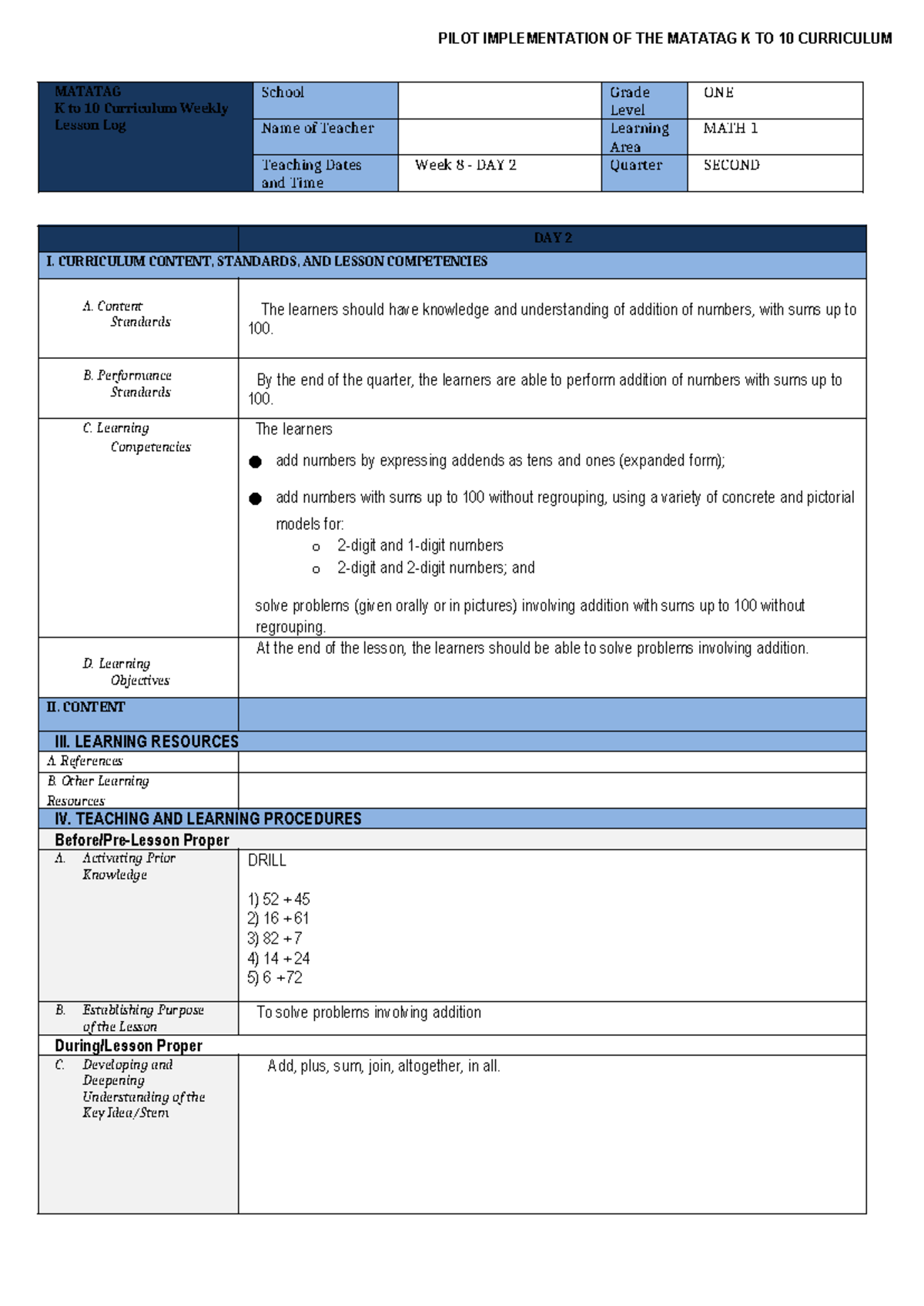 MATH W8 D2 - Weekly Lesson Log for MATATAG K to 10 Curriculum - Studocu