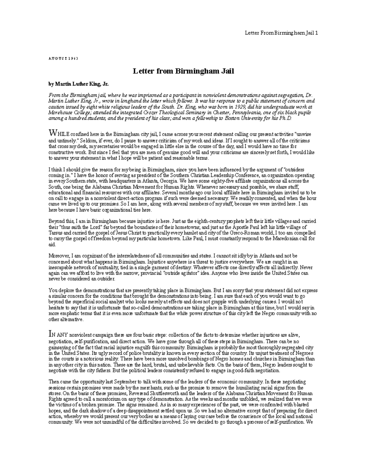 Letter from Birmingham Jail (MLK Jr.) - Nonviolent Protest & Justice ...