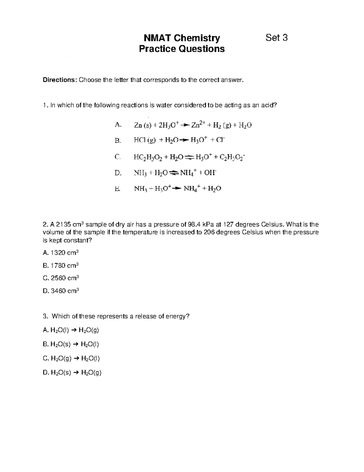 NMAT Chemistry Practice Questions Set 3 - Studocu