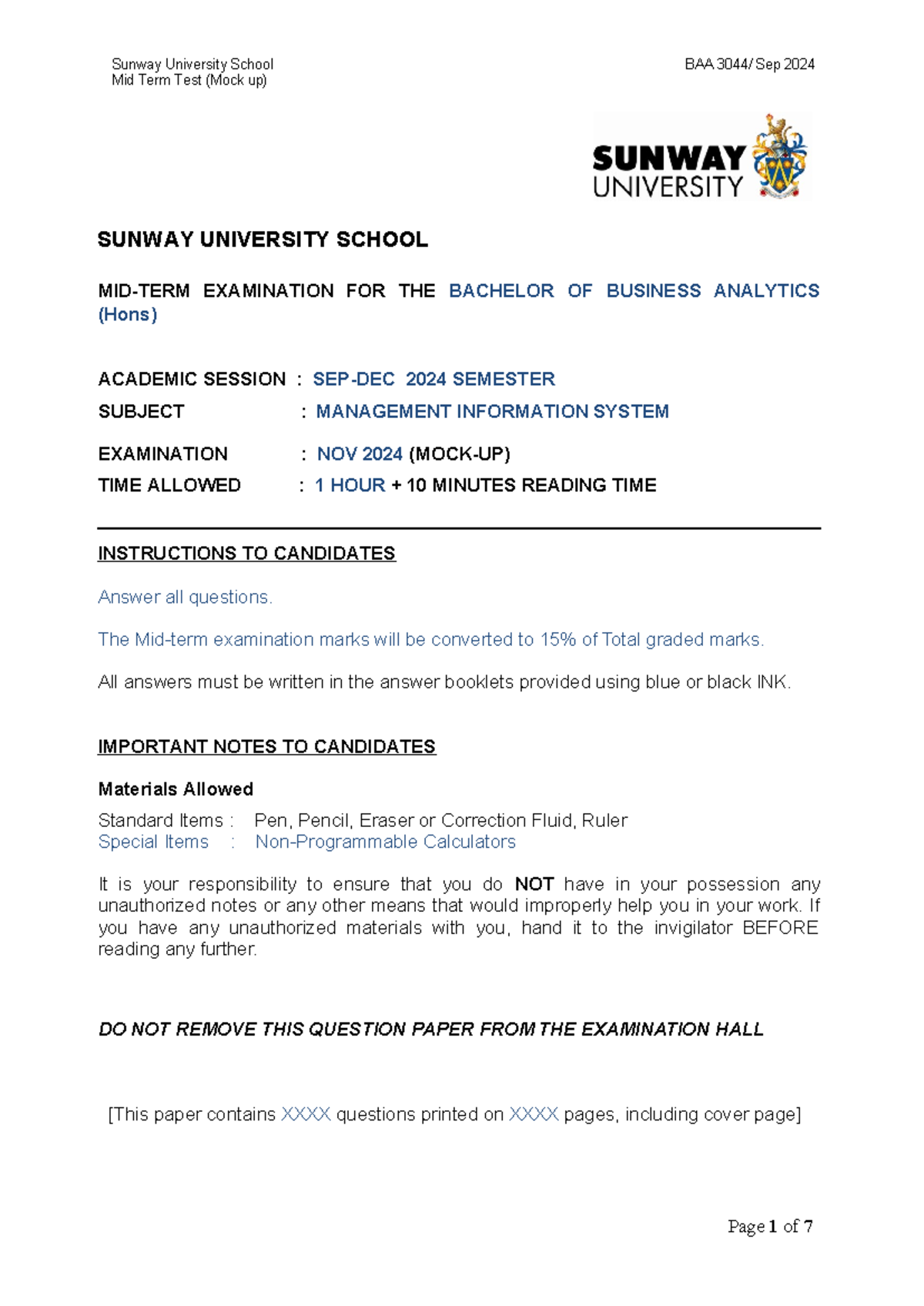 BAA3044 Mid Term Examination: Management Info Systems Mock Sep 2024 ...