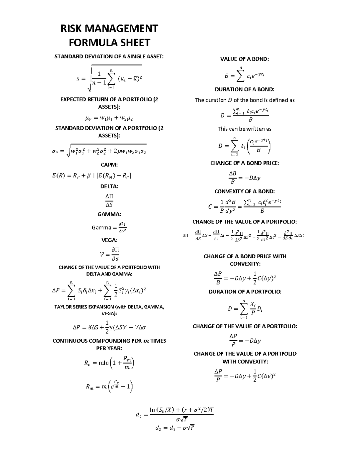 Formula sheet - RISK MANAGEMENT FORMULA SHEET STANDARD DEVIATION OF A ...