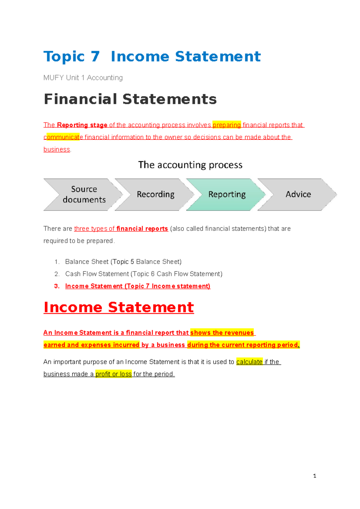 Topic 7: Income Statement - MUFY Unit 1 Accounting Overview - Studocu