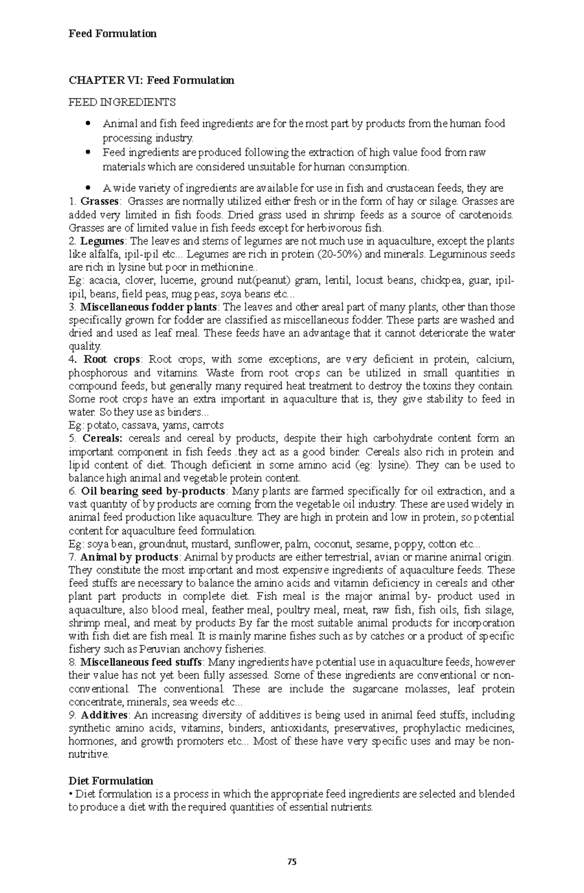 CHAPTER VI: Feed Formulation in Aquaculture with Diet Ingredients - Studocu