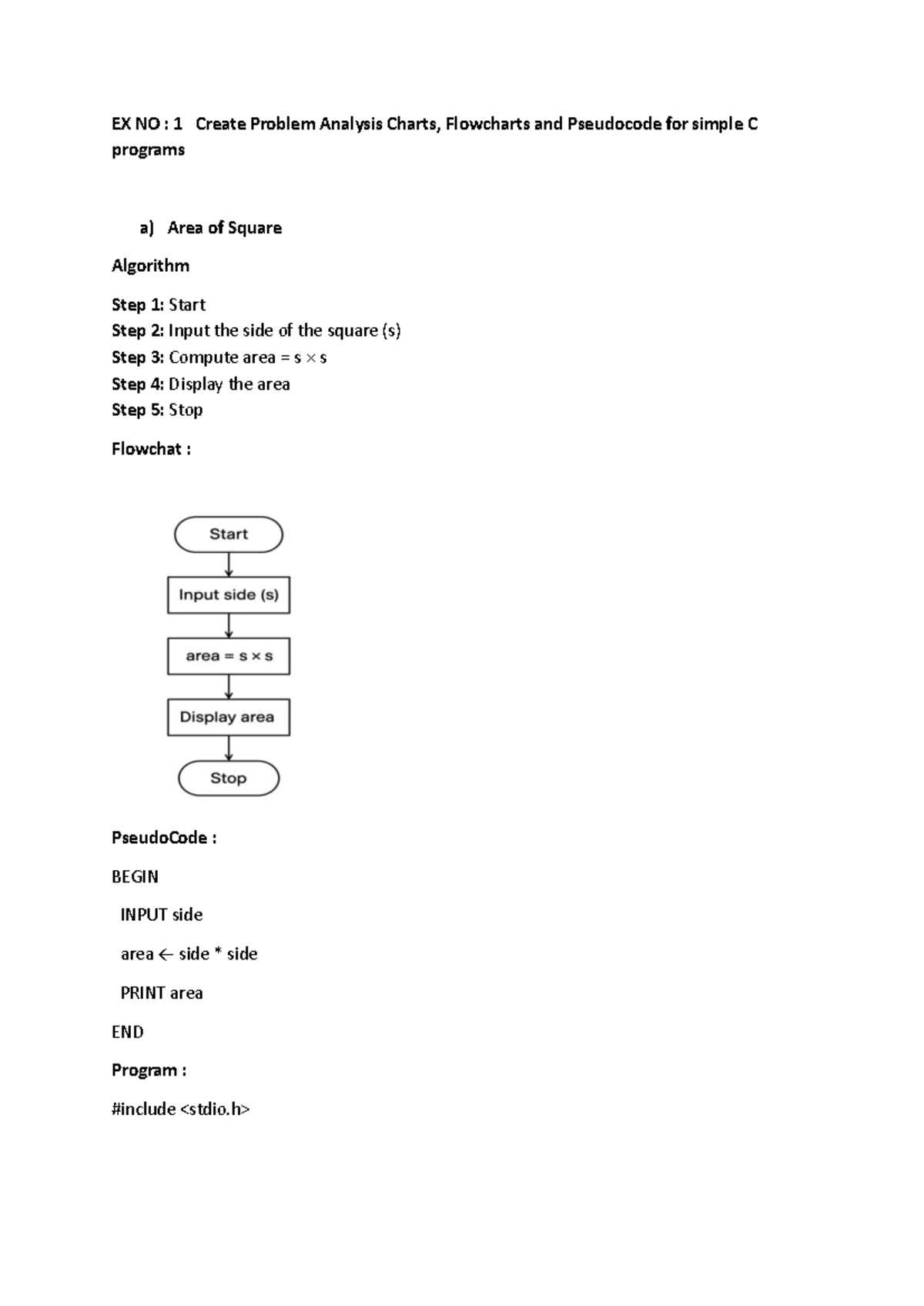 C Lab Programs - EX NO: 1 Problem Analysis, Flowcharts & Pseudocode ...