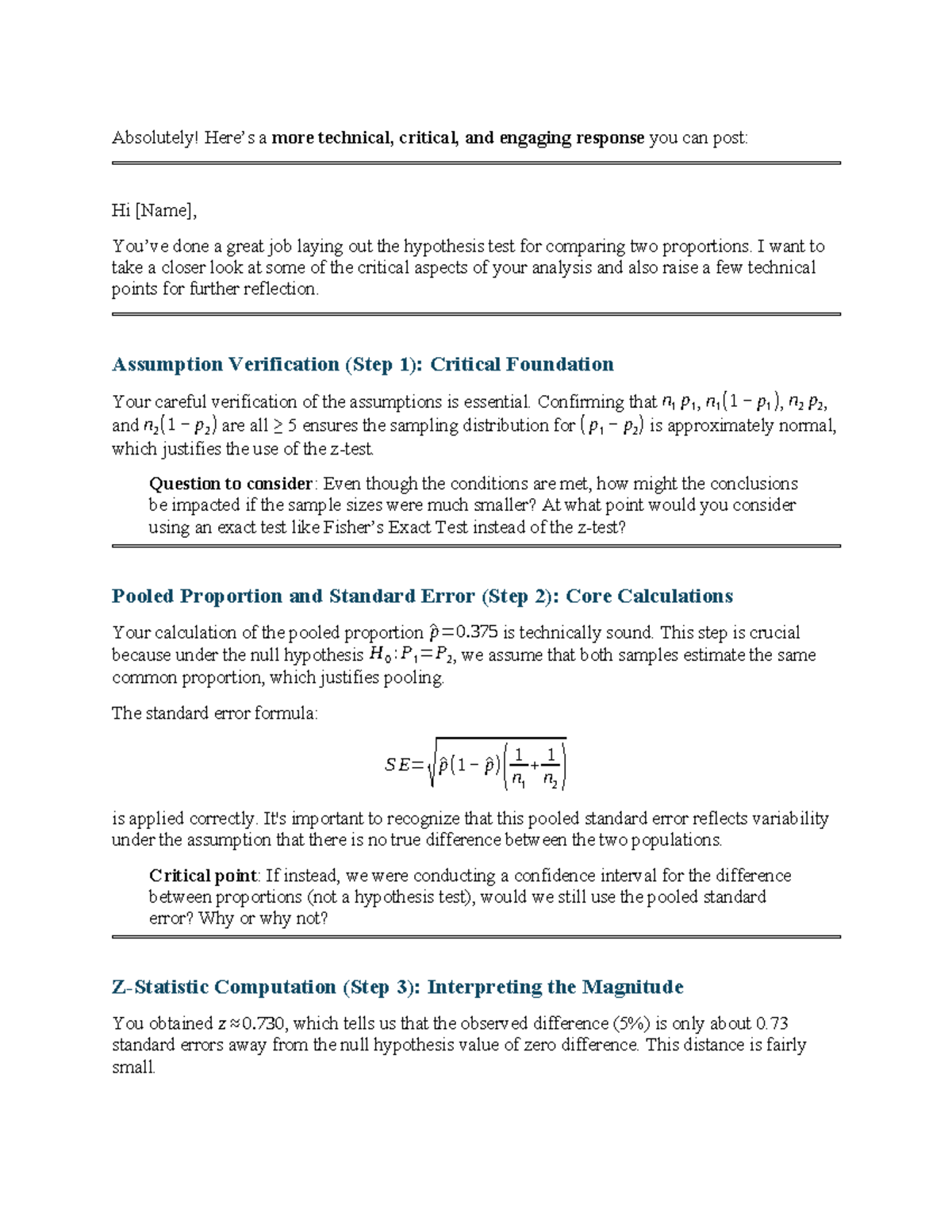 Discussion Post on Hypothesis Testing for Comparing Two Proportions ...