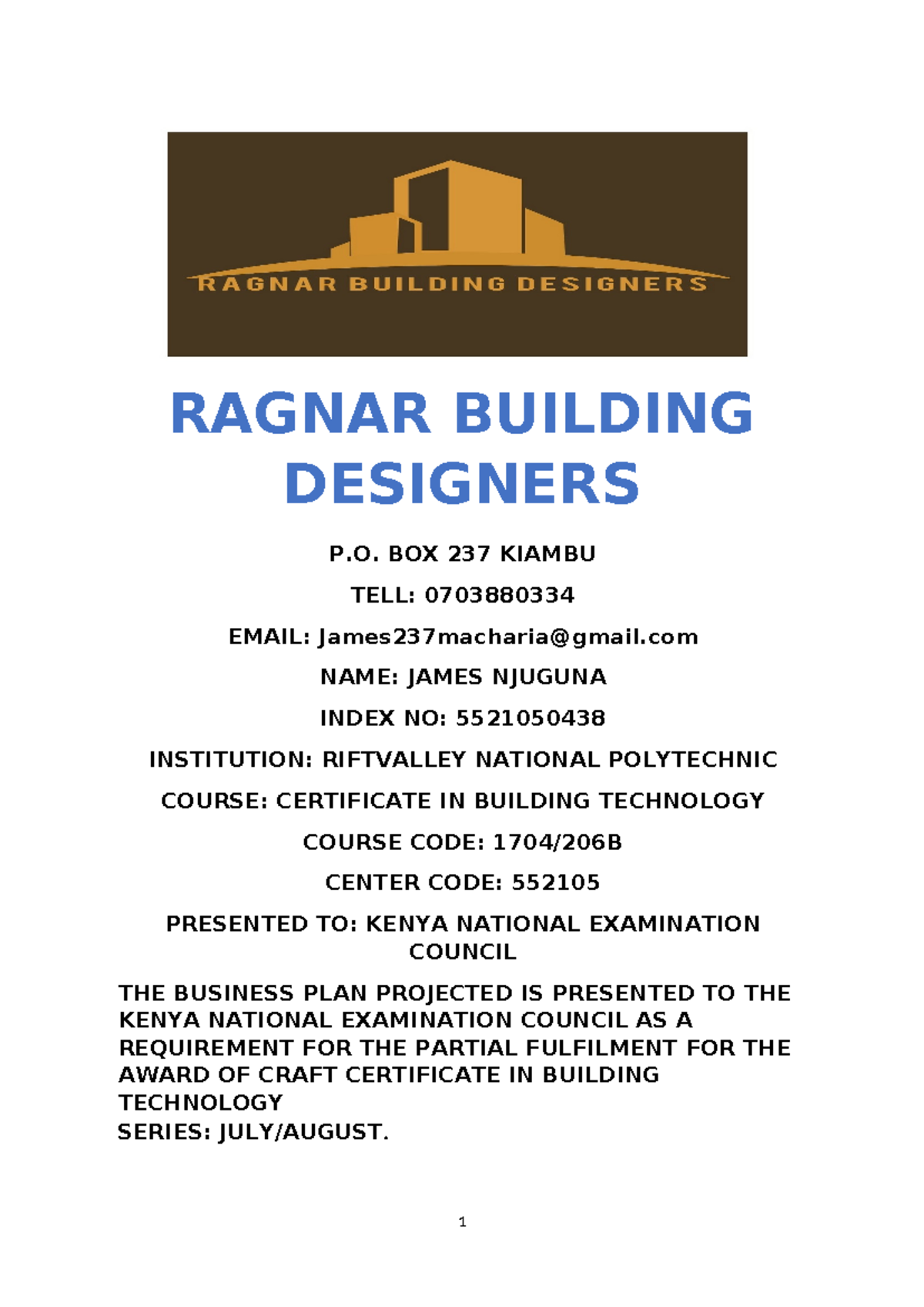 Business Plan for Craft Certificate in Building Technology (Course Code ...