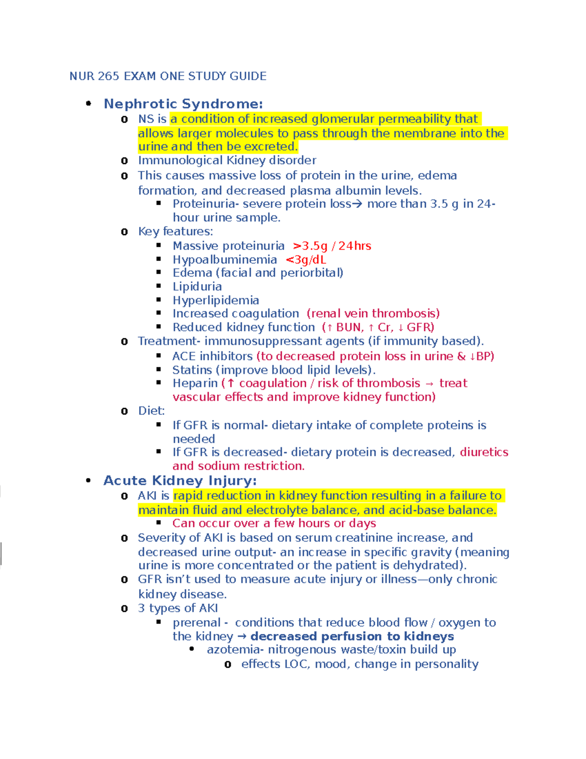NUR 265 EXAM ONE Study Guide: Key Concepts in Nephrology and Kidney ...