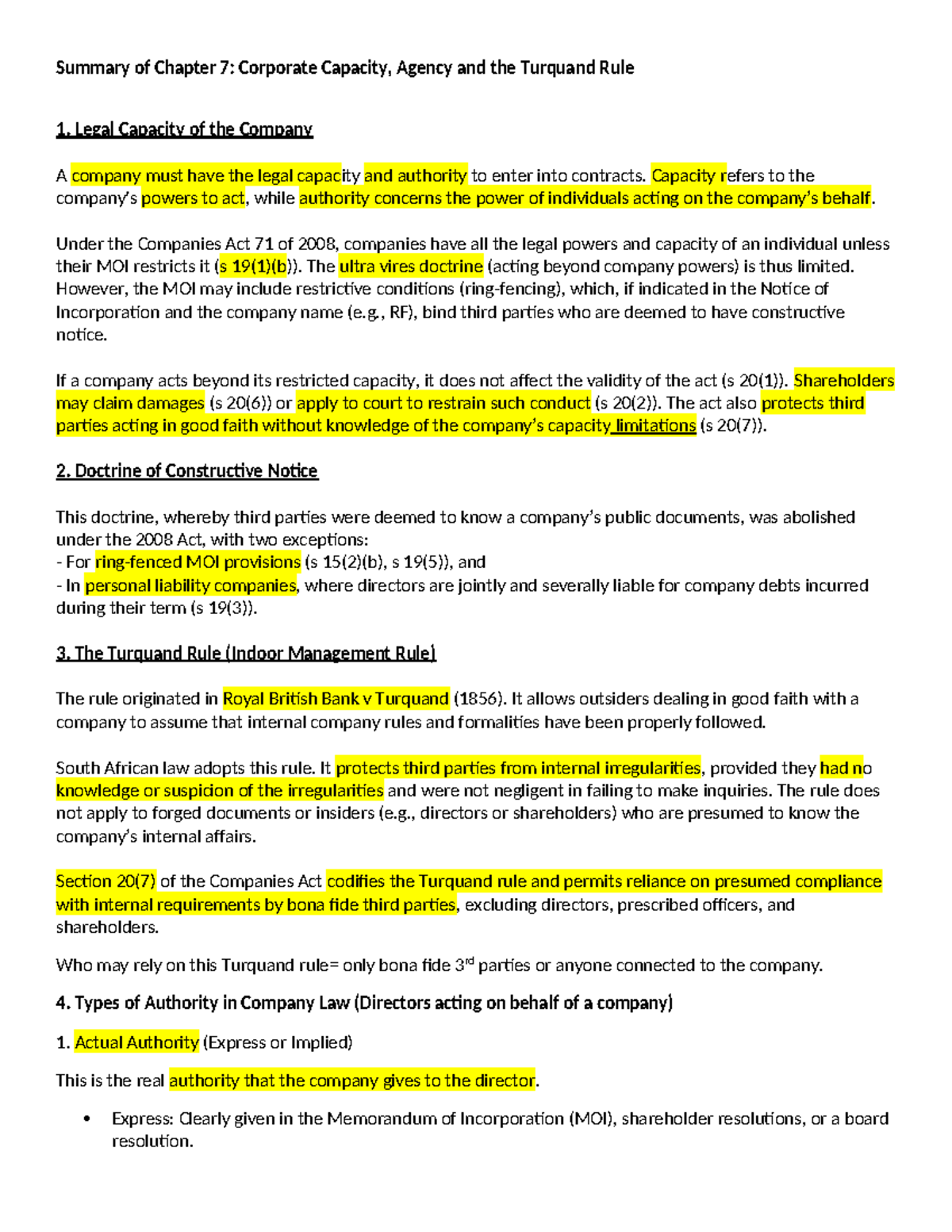 Chapter 7 Summary: Corporate Capacity, Agency & the Turquand Rule - Studocu
