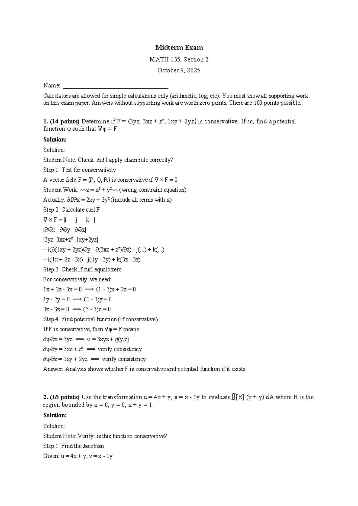 MATH 214 Midterm Exam Solutions - Calculus Concepts and Techniques ...
