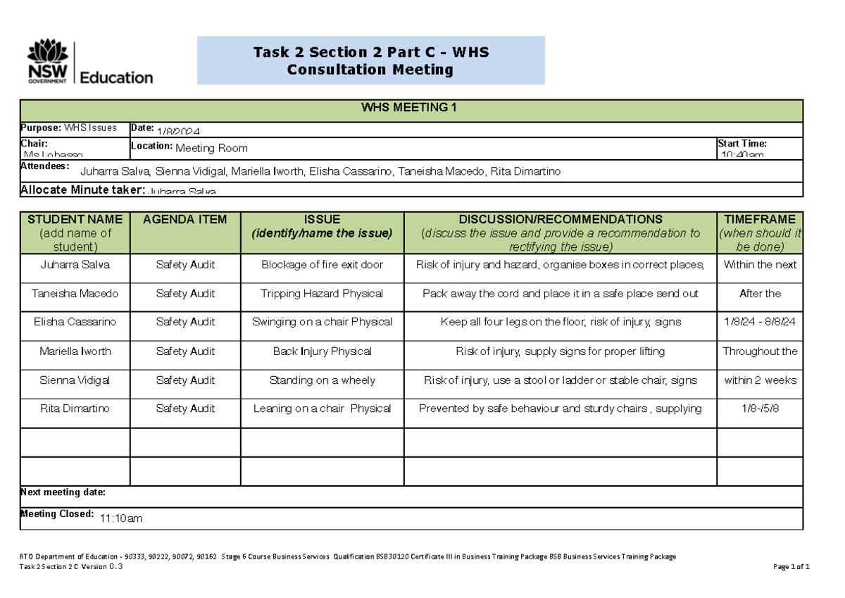Task 2 Section 2 Part C - WHS Consultation Meeting - RTO Department of ...