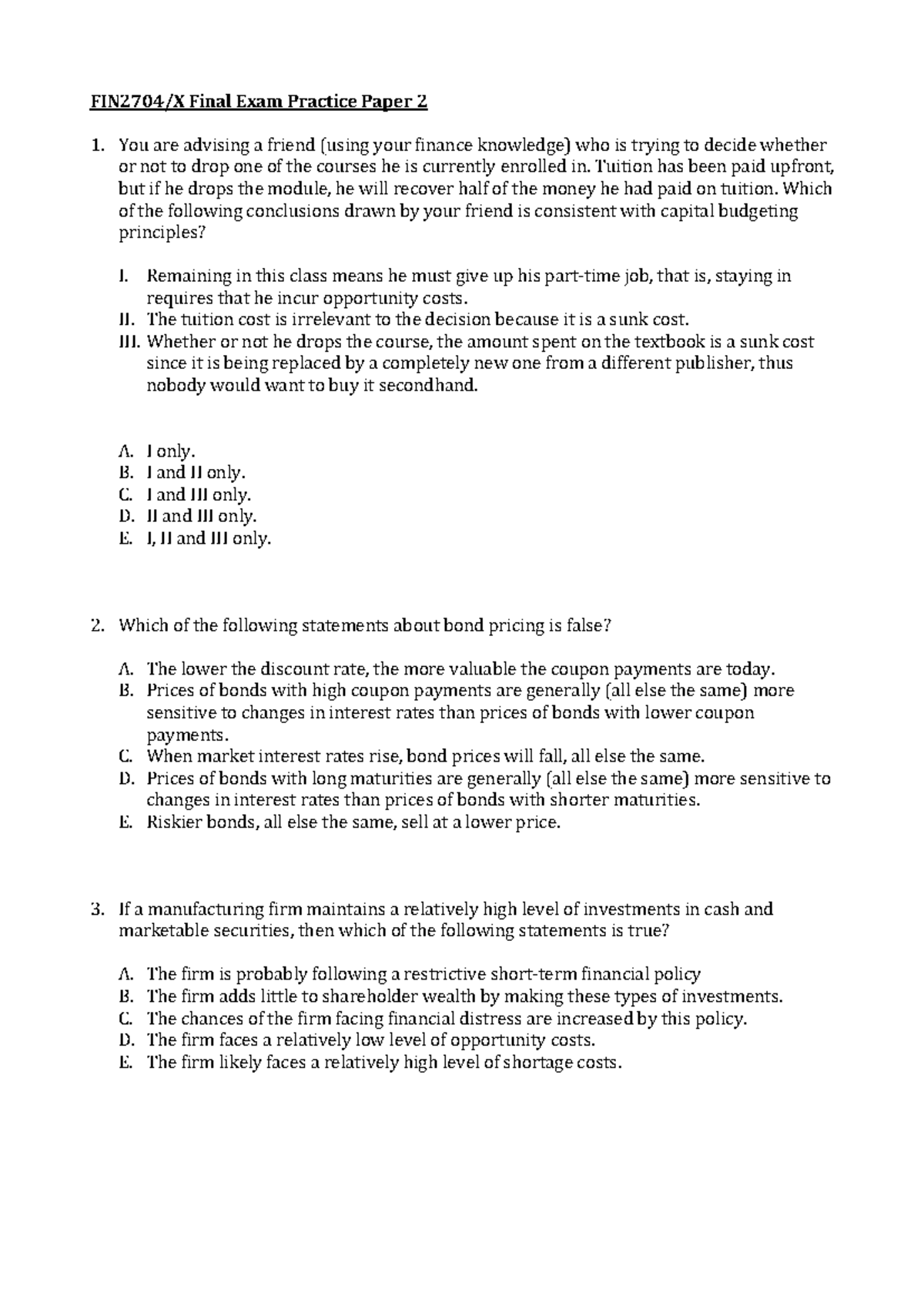 Final Exam Practice Paper 2: Capital Budgeting & Bond Pricing Concepts ...