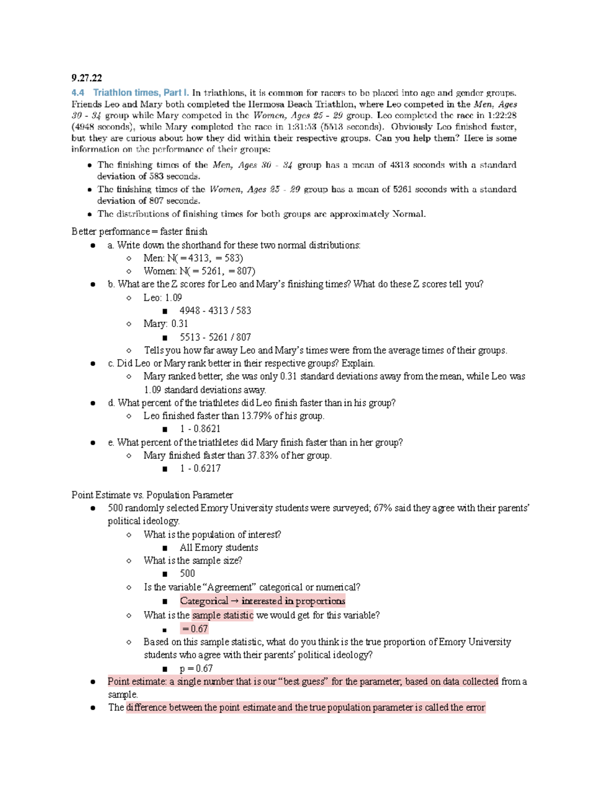 QTM 100 Week 5 Lecture Notes - Point Estimates & Confidence Intervals ...