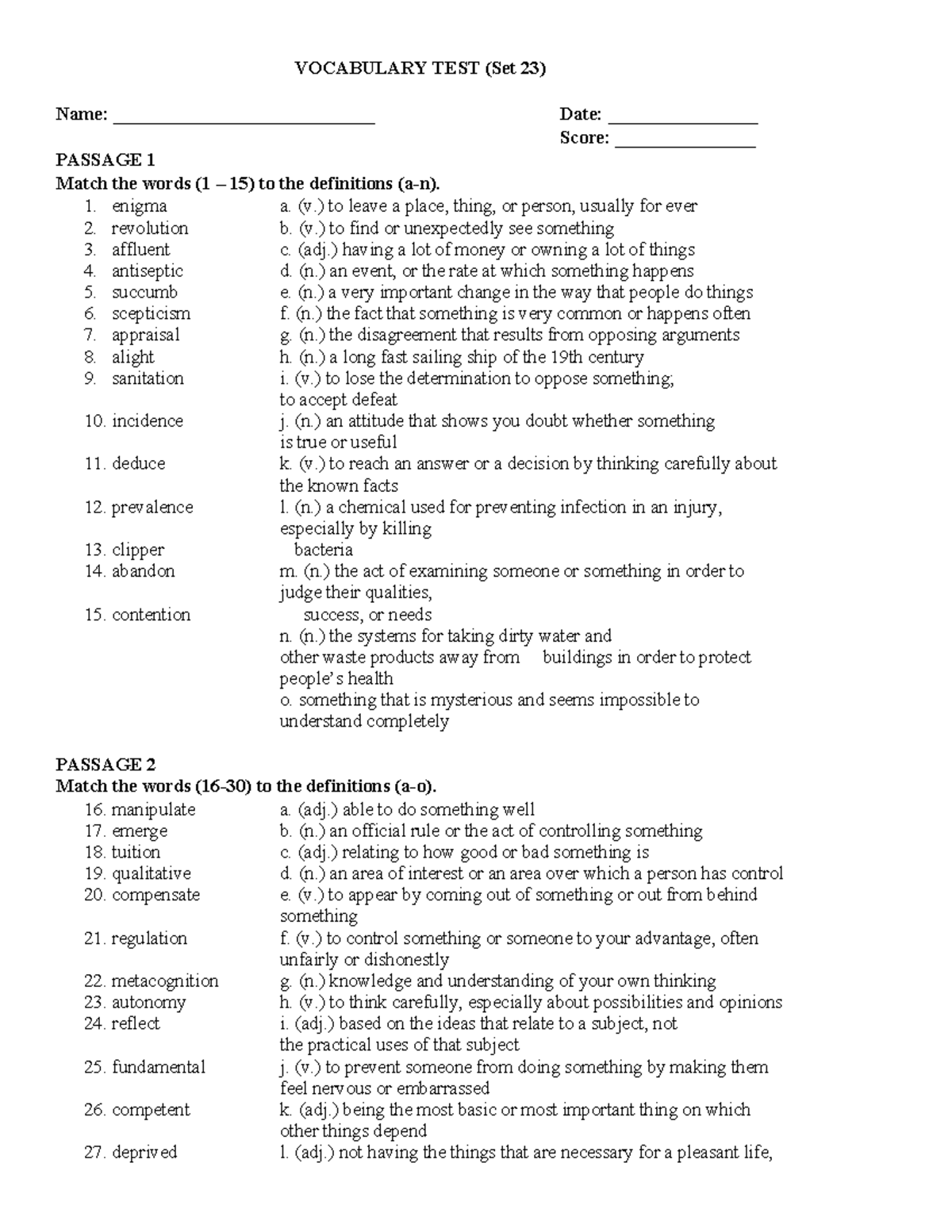 Vocabulary TEST Set 23 - Hello - VOCABULARY TEST (Set 23) Name