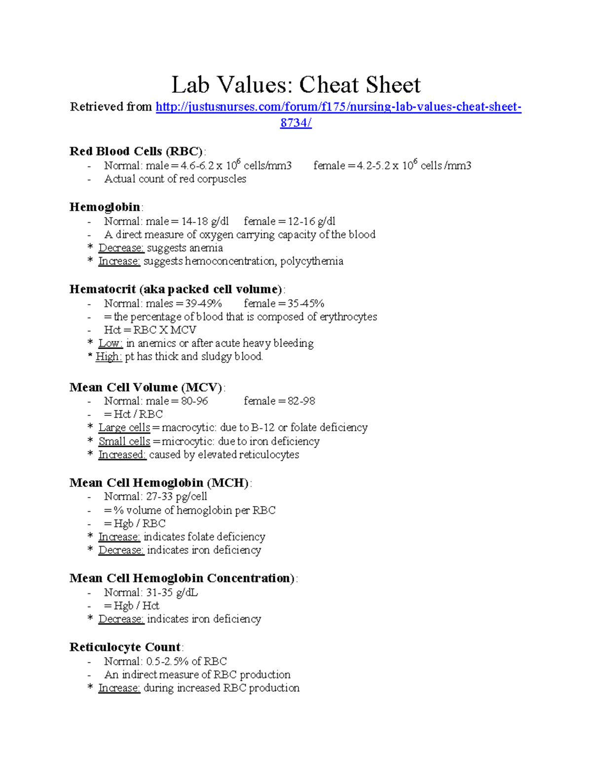 Lab Values Cheat Sheet (Nursing Course) - Quick Reference Guide - Studocu