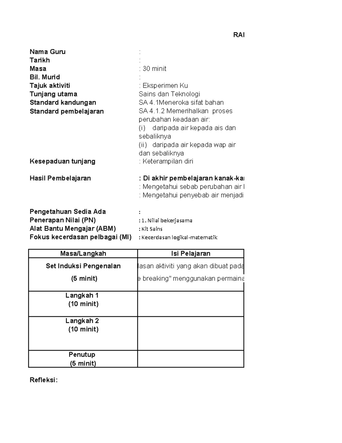 RPA & RPH: Rancangan Pengajaran Eksperimen Ku Sains dan Teknologi - Studocu
