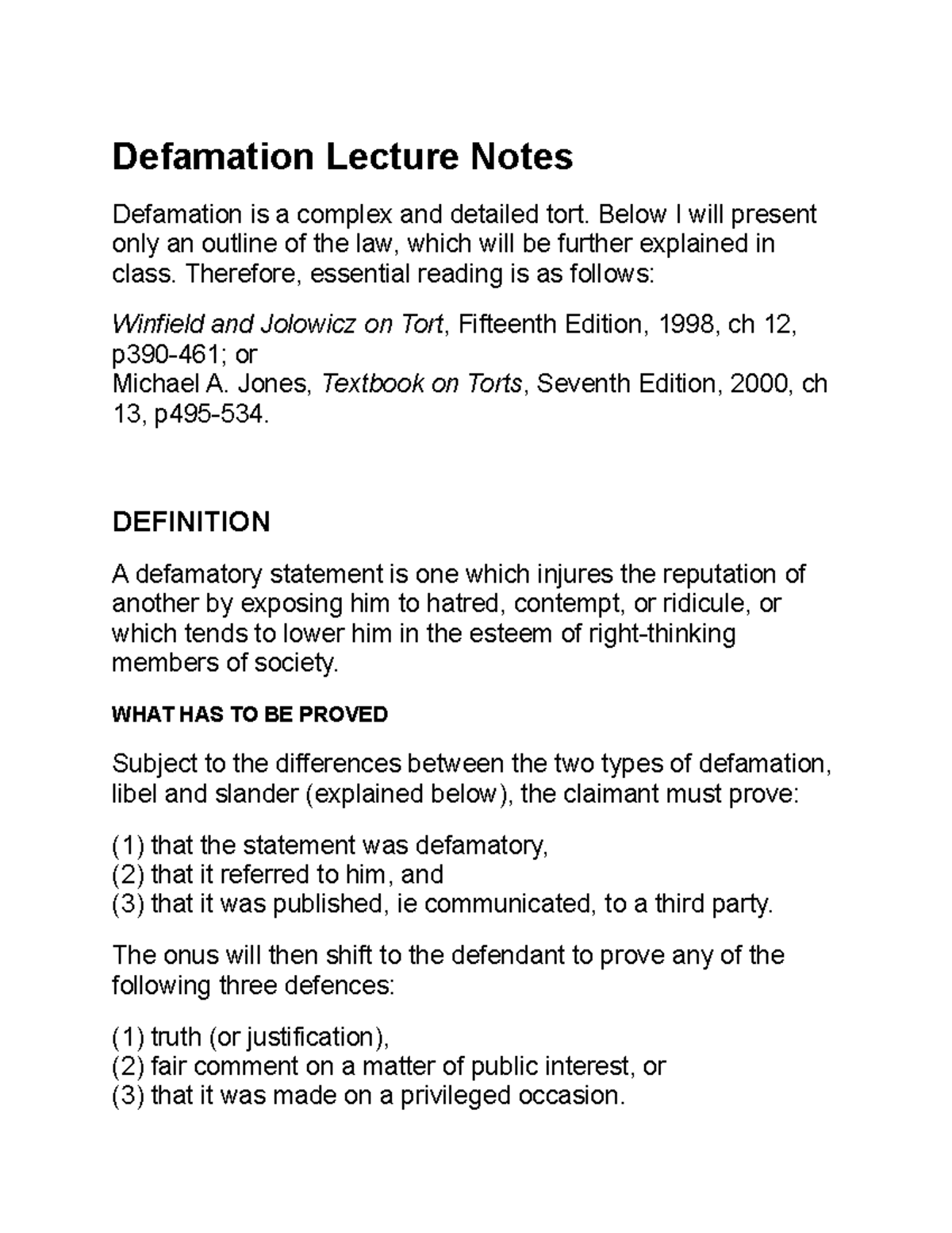 Defamation - Law Lecture Notes (Lecture 6) - Studocu