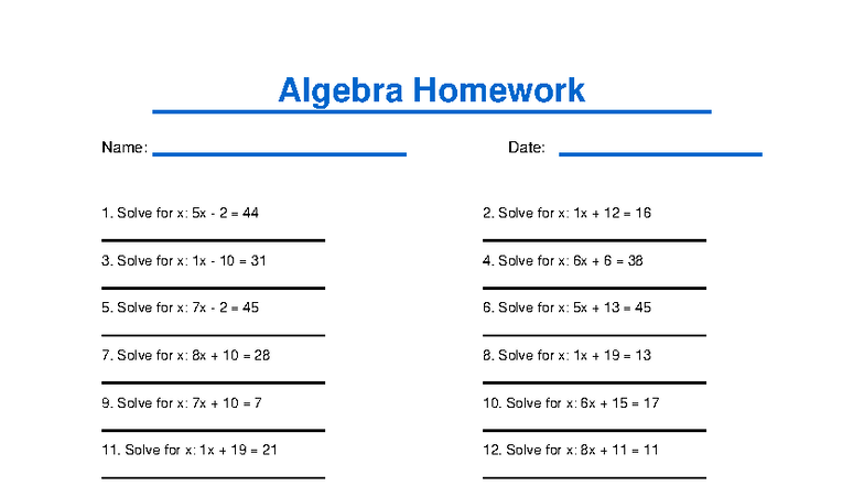 Algebra Homework 9: Solve for x Problems and Answers - Studocu