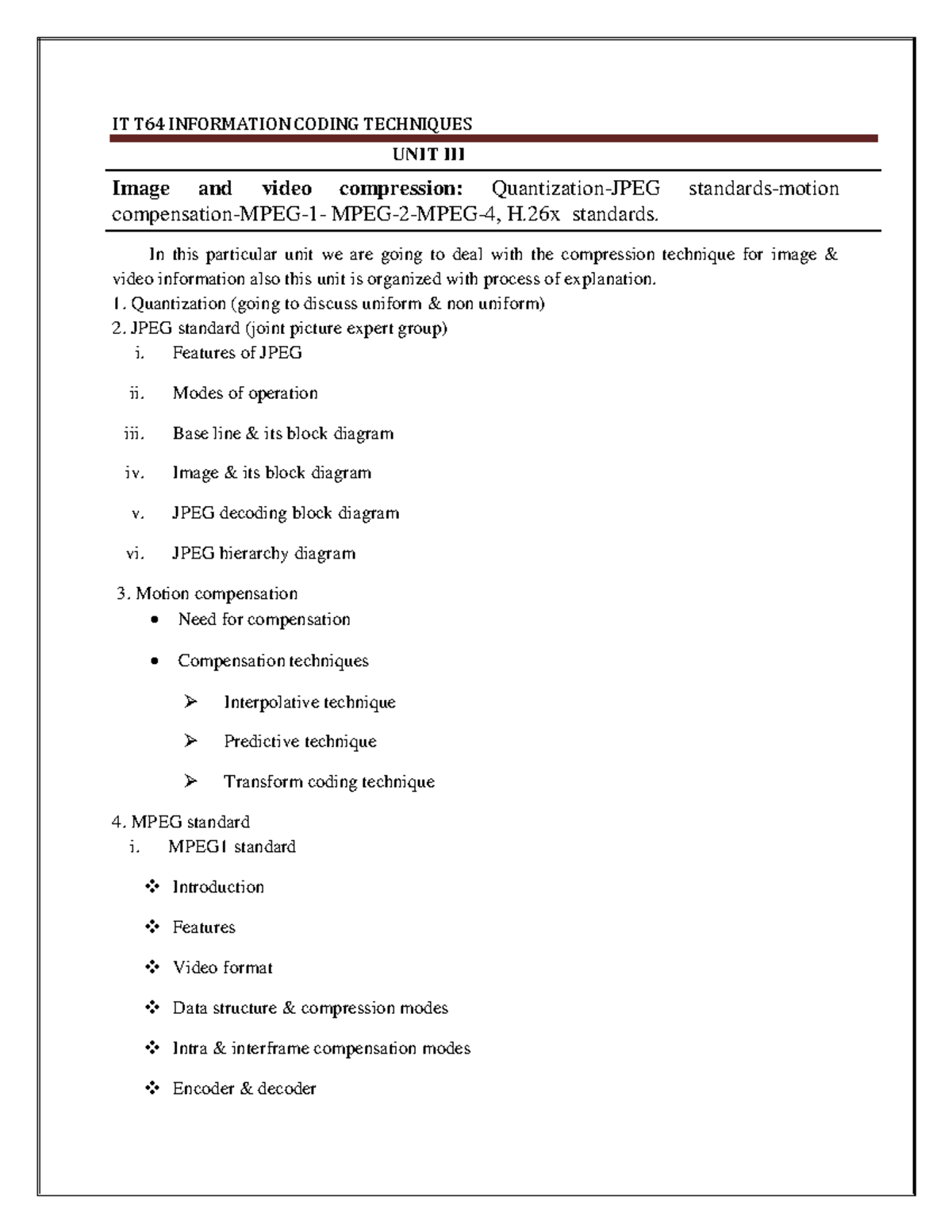 ICT(U3) - Image & Video Compression: JPEG, MPEG Standards ...