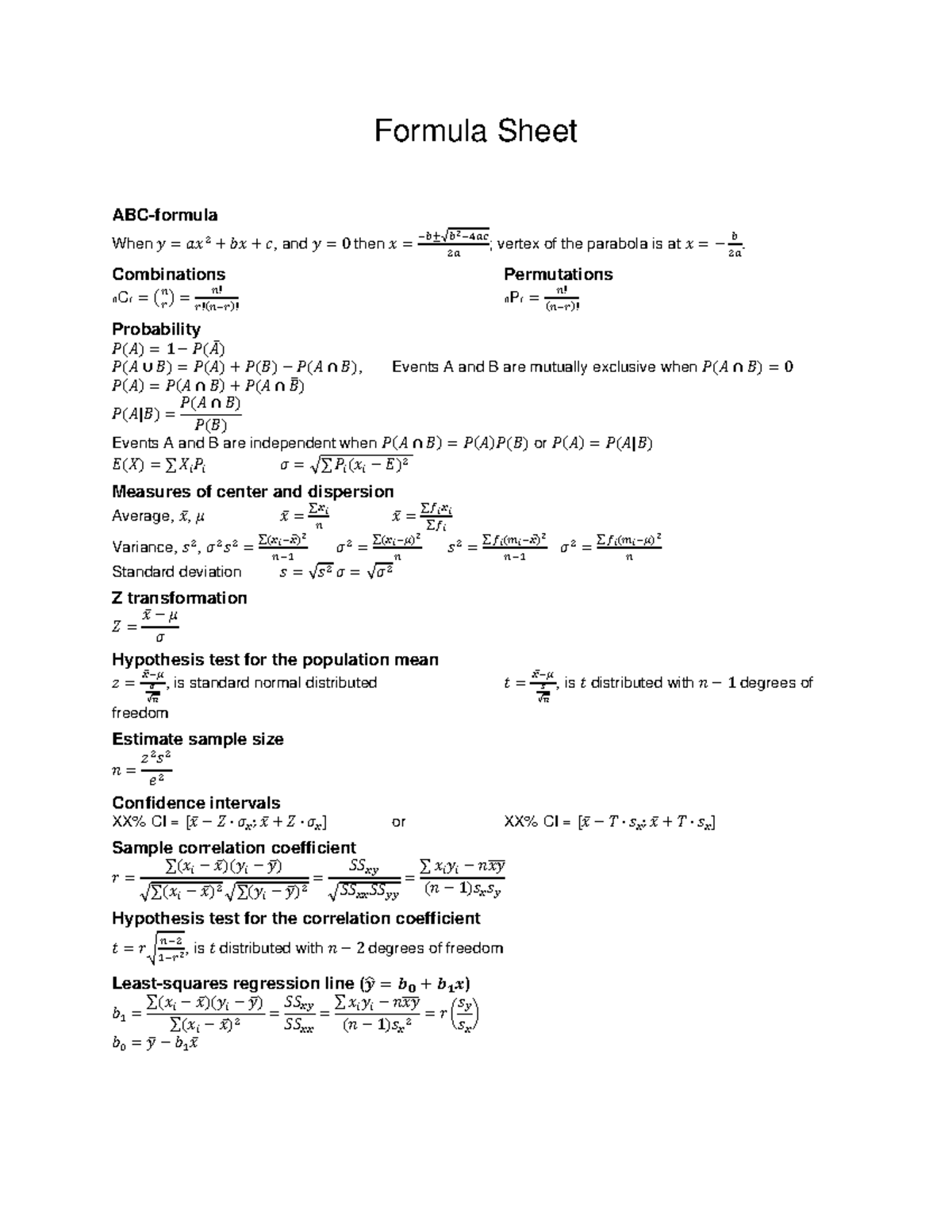 Formula Sheet for 1019IQM2TD: Essential Concepts and Functions ...