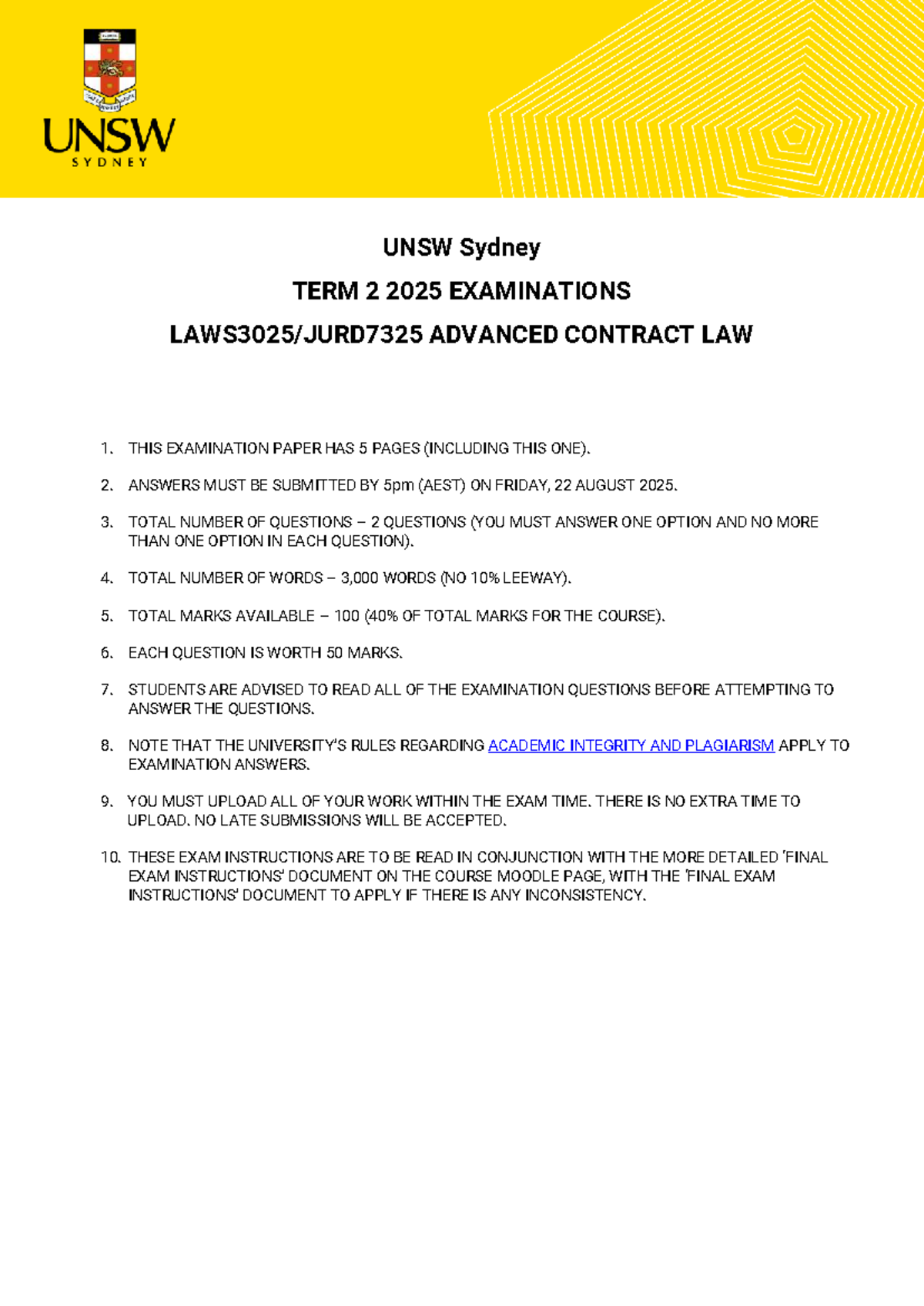 Advanced Contract Law 2025 T2 - Final Exam Instructions and Questions ...