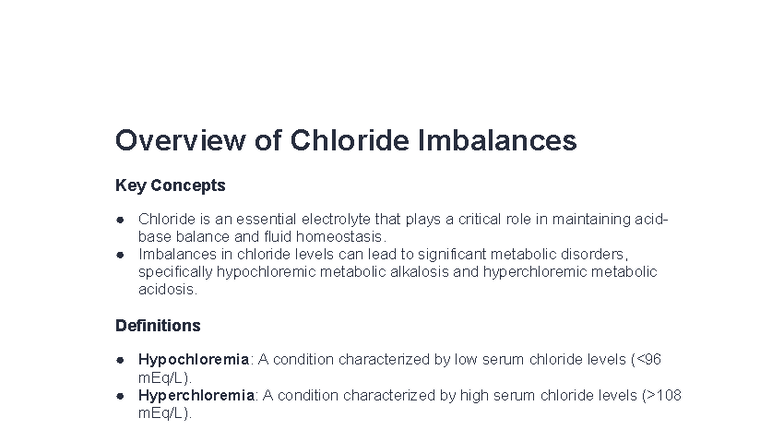 Chloride Imbalances: Key Concepts and Management (BIO 101) - Studocu