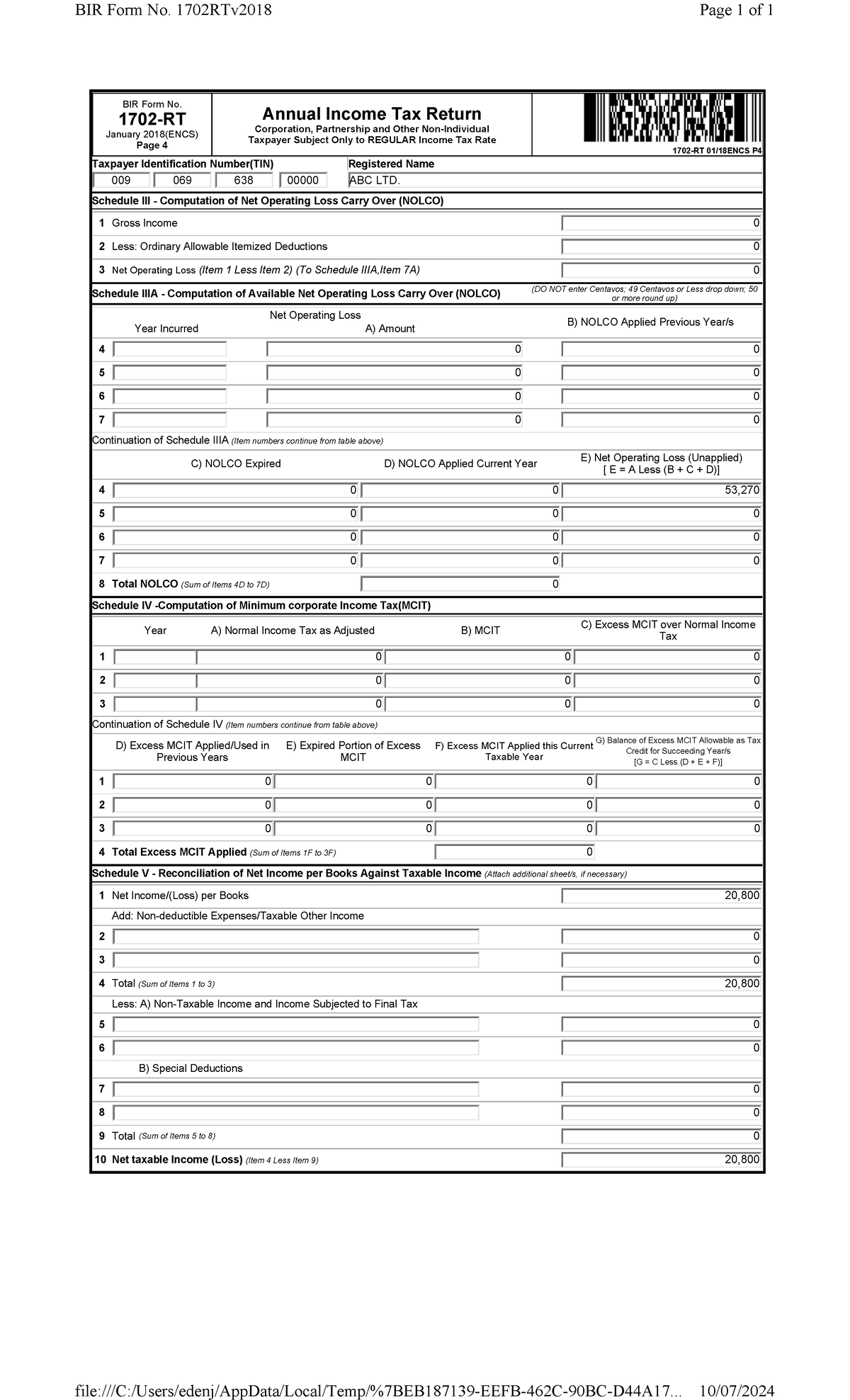 BIR Form 1702 RT Annual Tax Computation for ABC Ltd. (2018) - Studocu