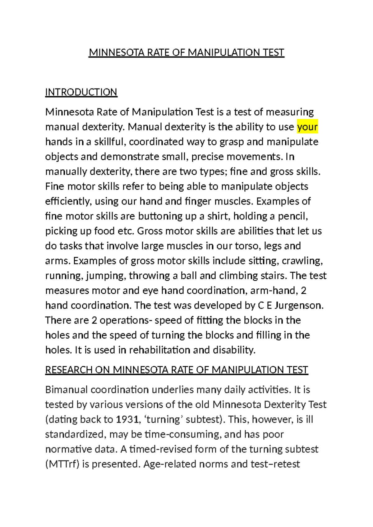 Minnesota Rate of Manipulation Test: An Overview of Manual Dexterity - Studocu