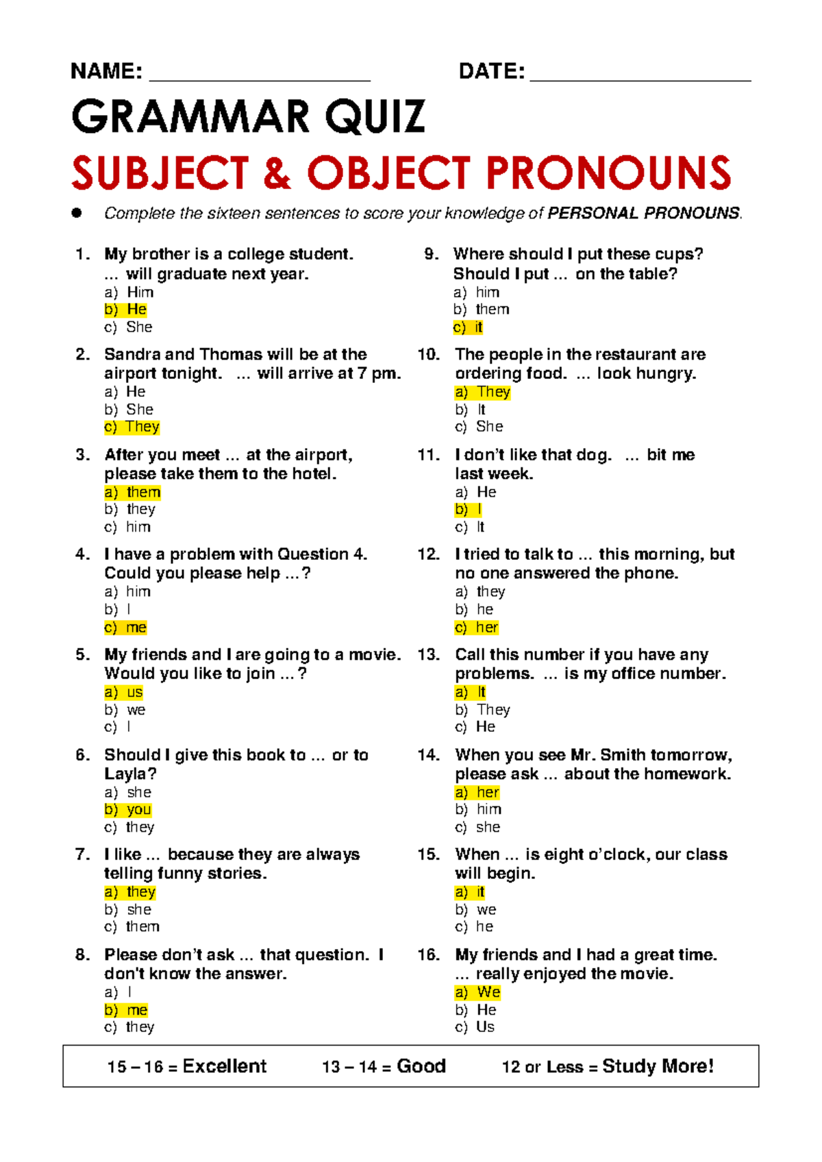 Subject & Object Pronouns Quiz: Test Your Knowledge on Personal ...