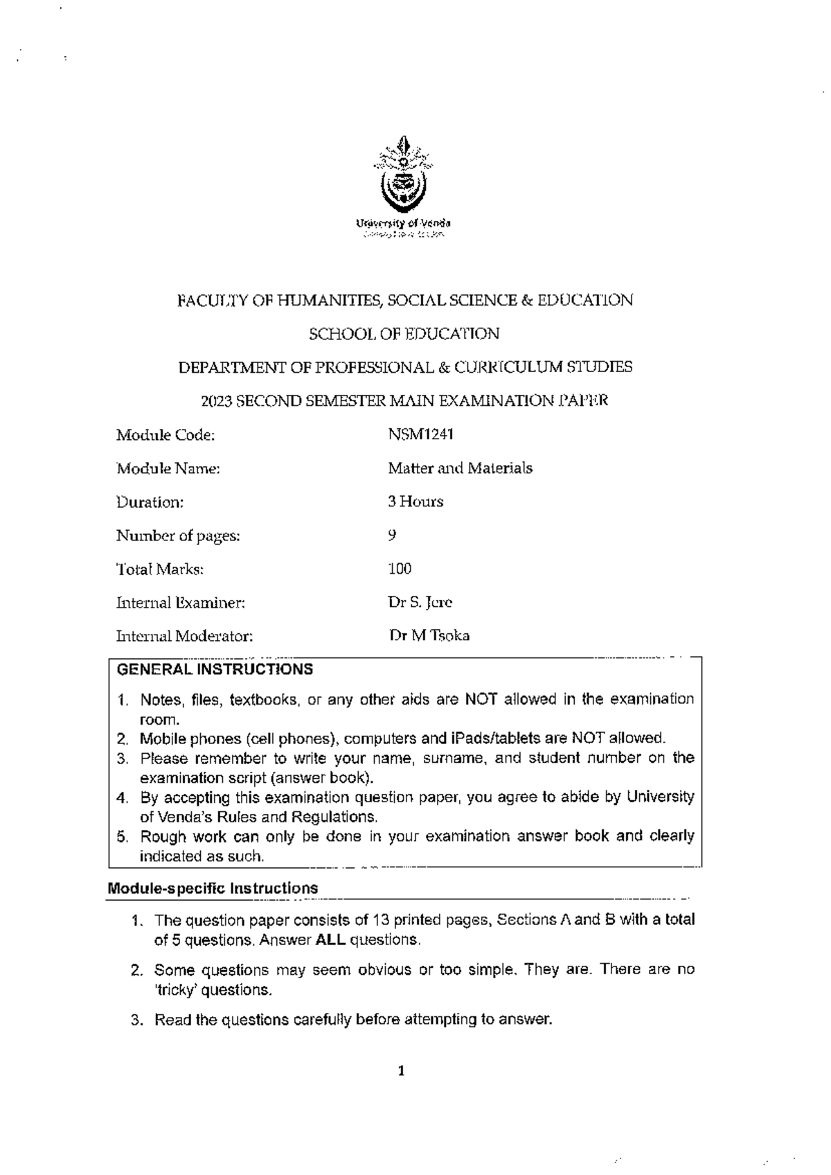 NSM1241 Matter and Materials Final Exam Paper - 2023 - Studocu