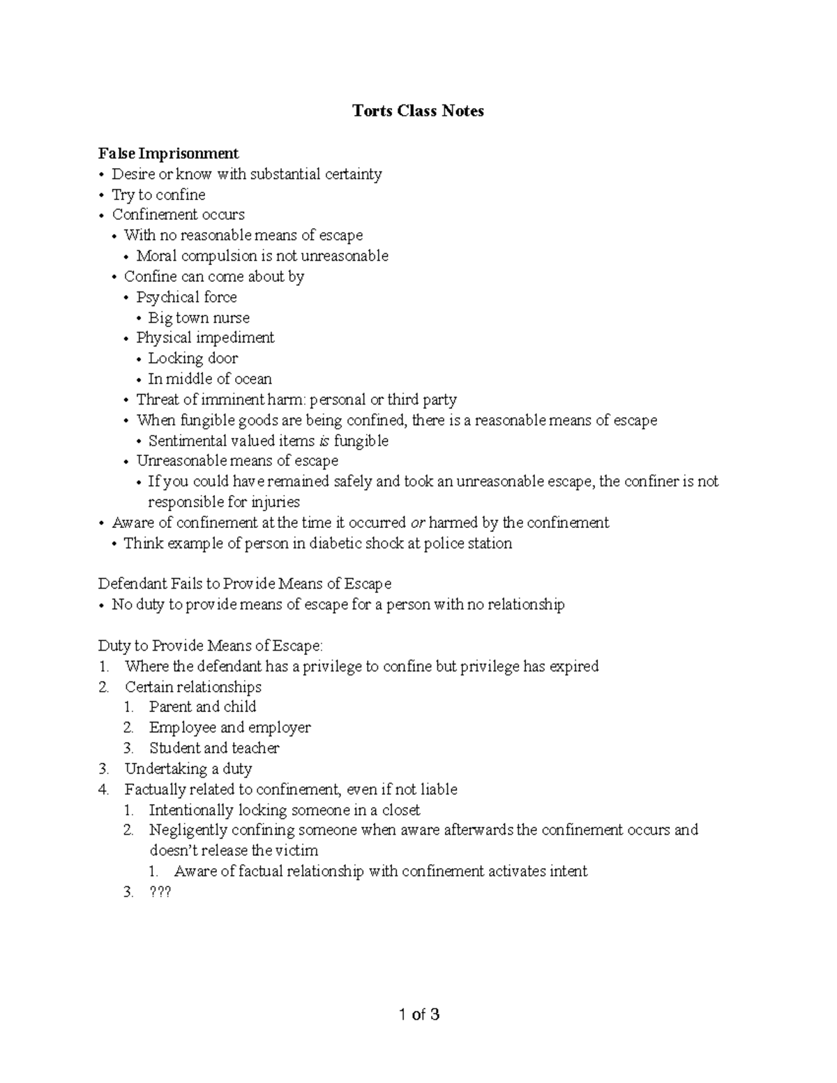 Intentional Torts - Torts Class Notes False Imprisonment Desire or know ...