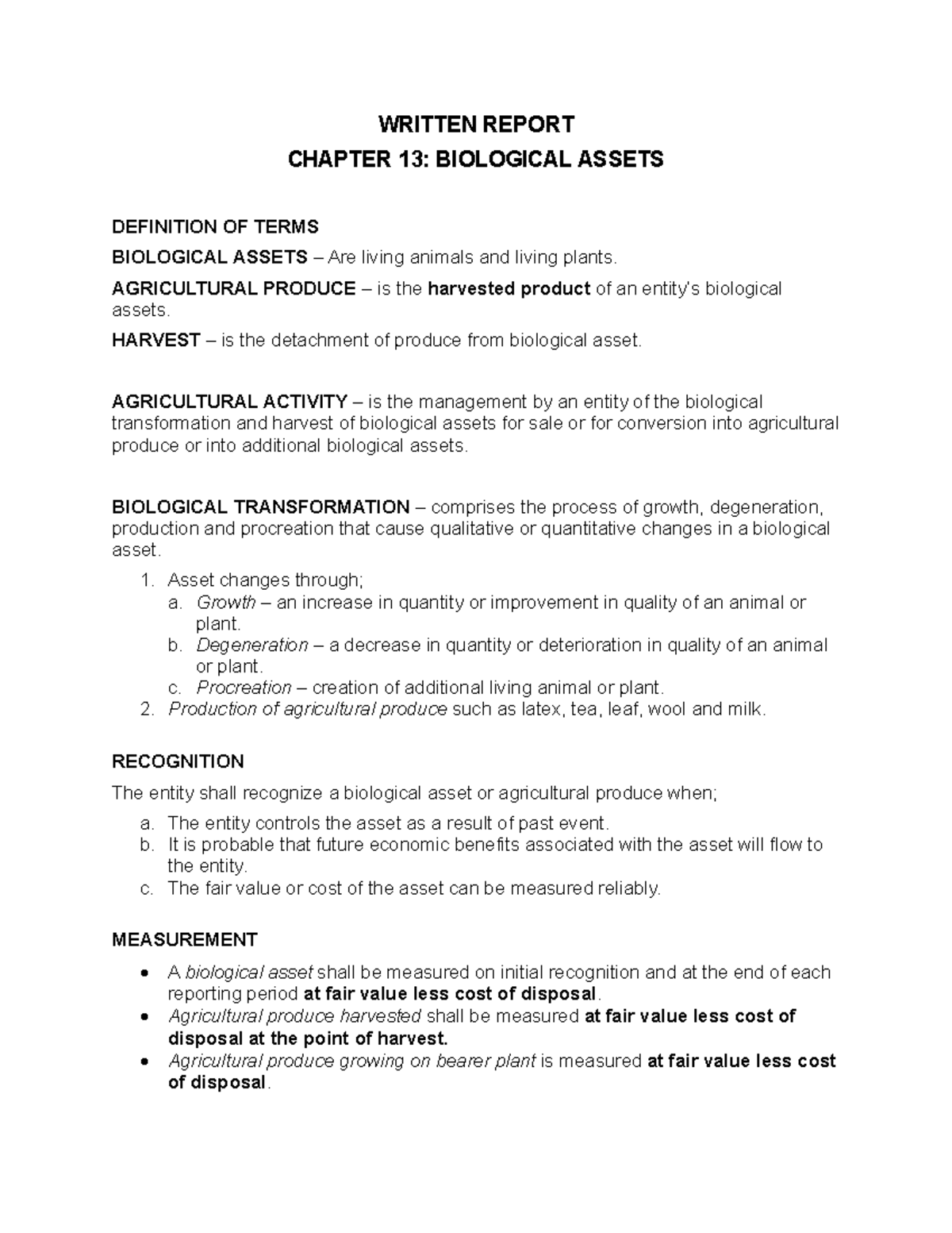 CH13 - Written Report on Biological Assets: Definitions & Measurements ...